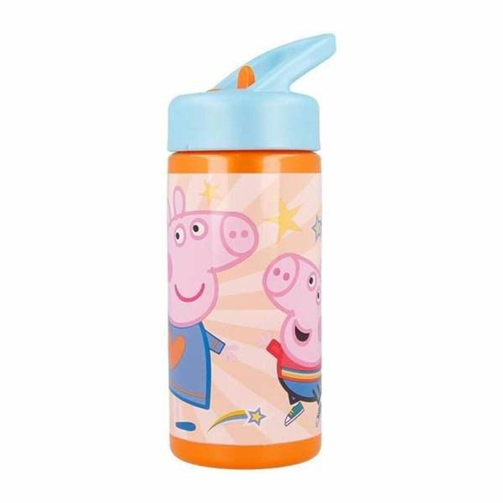 Rosa Trinkflasche mit Peppa Pig-Motiv. Türkis Deckel mit Griff. Orangefarbener Boden und Akzente. Beige Hintergrund mit Sternen.