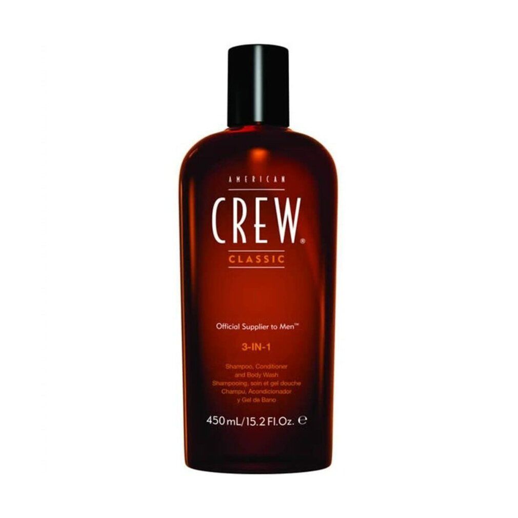 Braune Flasche mit schwarzem Deckel. Aufschrift: AMERICAN CREW CLASSIC 3-IN-1. 450ml/15.2 FL.OZ.