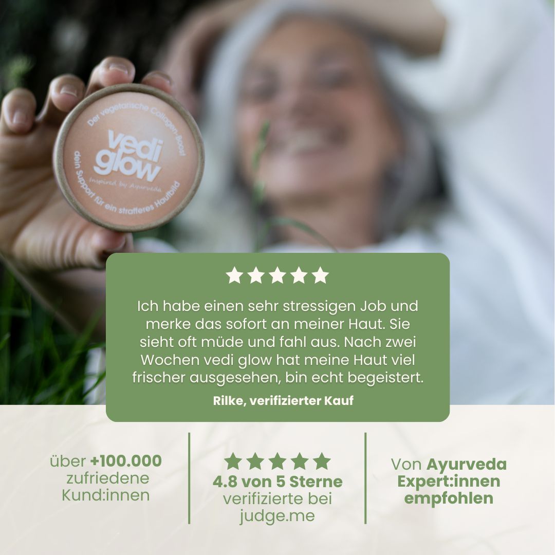 Frau hält Dose. Text: Ich habe einen sehr stressigen Job und merke das sofort an meiner Haut. 4.8 von 5 Sternen, von Ayurveda Experten empfohlen.