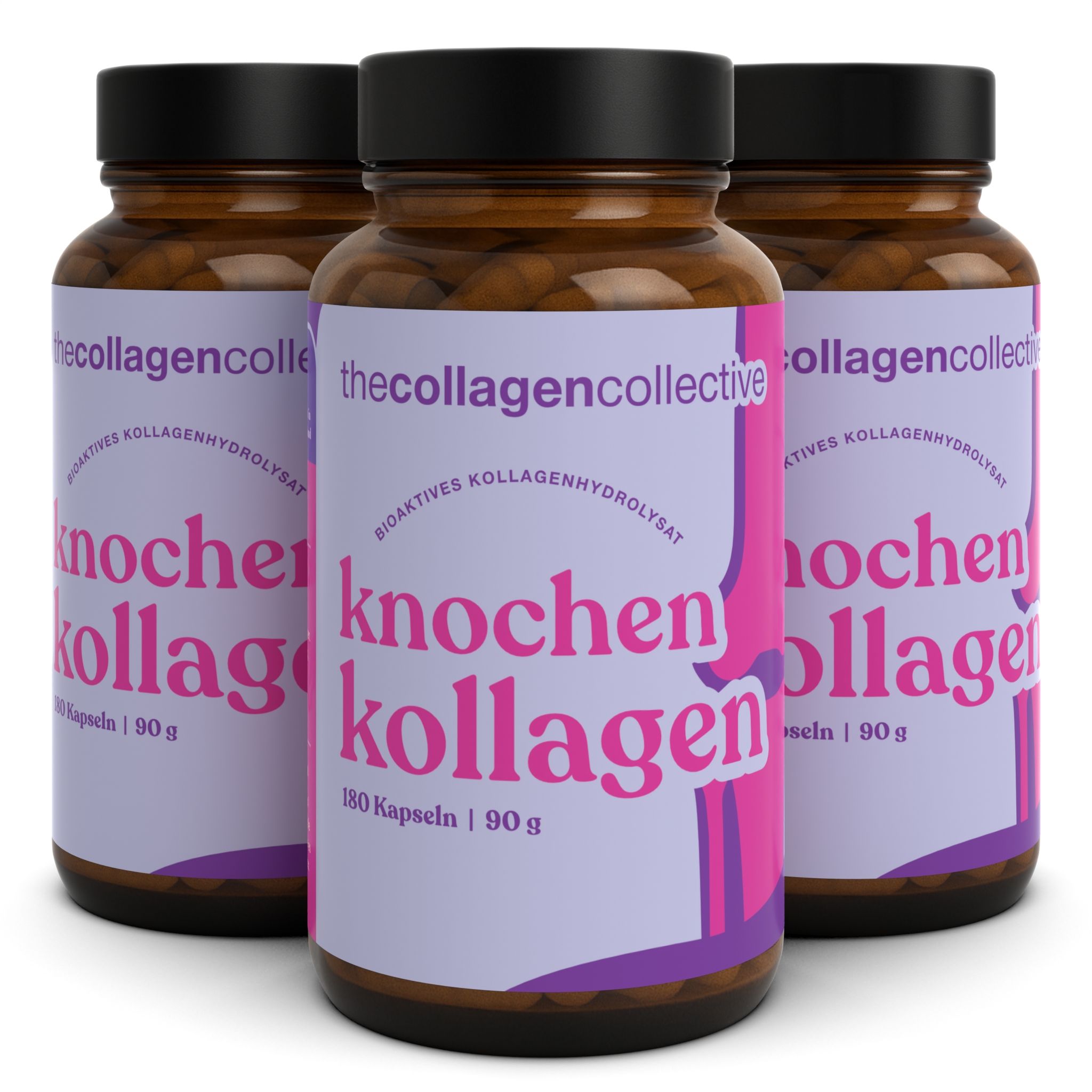 Drei braune Flaschen mit schwarzen Deckeln. Aufkleber mit Produktnamen und Inhaltsangabe. Aufschrift: Knochen Kollagen.