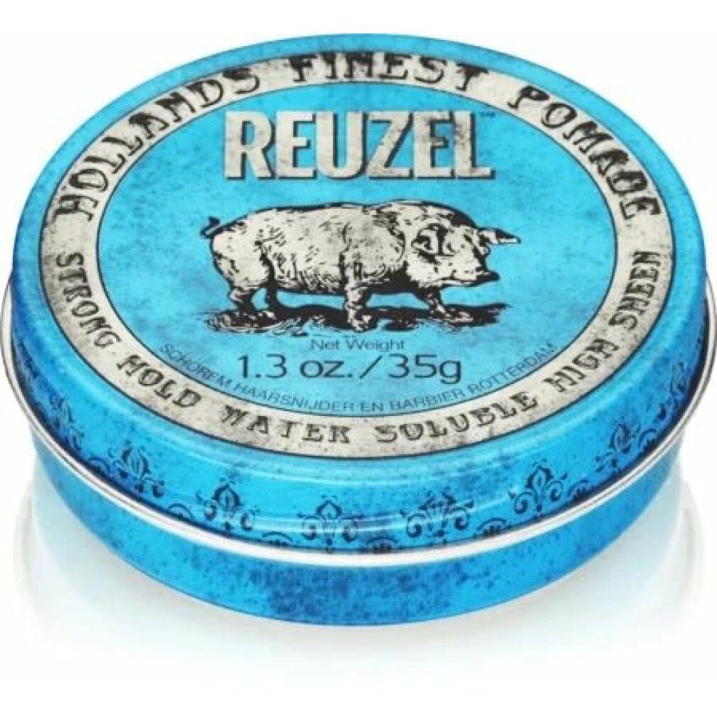 Blaue, runde Dose mit silbernem Rand. Aufschrift: Reuzel, Hollans Finest Pomade. Schweine-Illustration. 1.3 oz./35g.