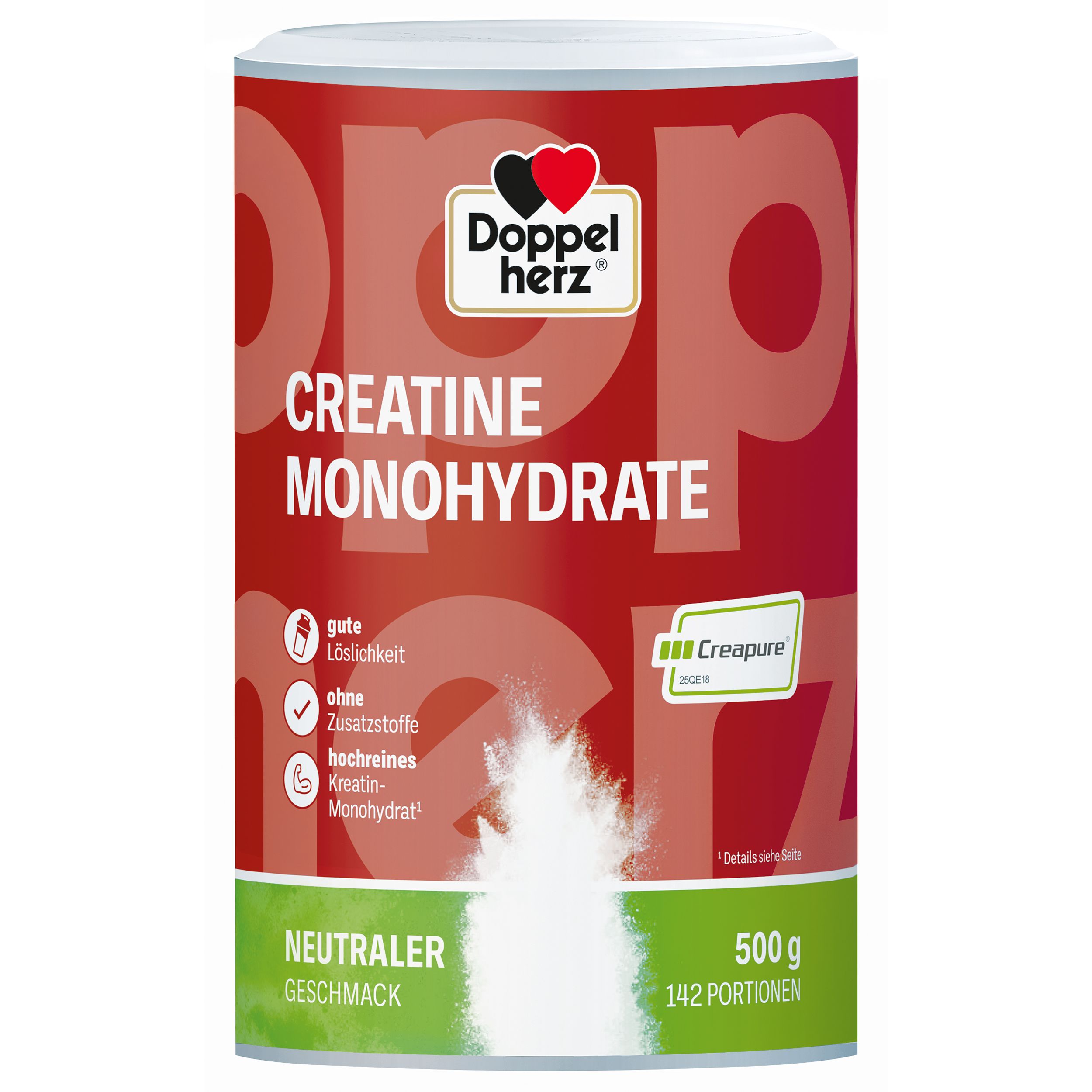 Dose Doppelherz Creatine Monohydrate. Rote Dose mit weißem Pulver. Text: Creatine Monohydrate, 500 g, Creapure.