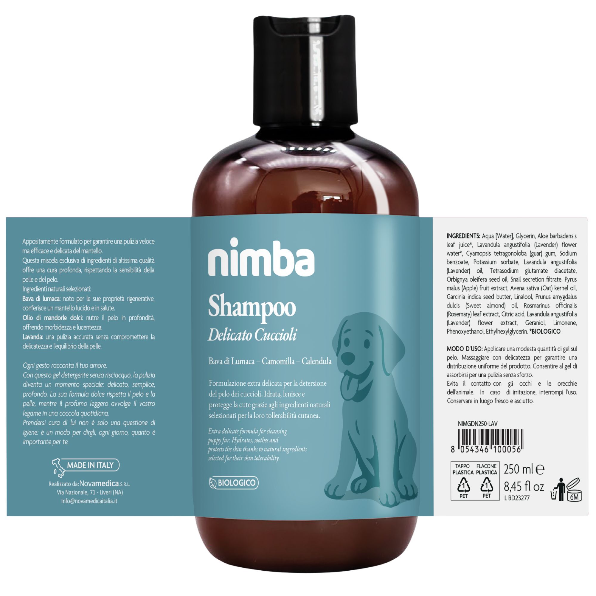 Braune Shampoo-Flasche mit Etikett. Aufschrift: Nimba Shampoo, Delicato Cuccioli. Text und Inhaltsstoffe. Made in Italy.