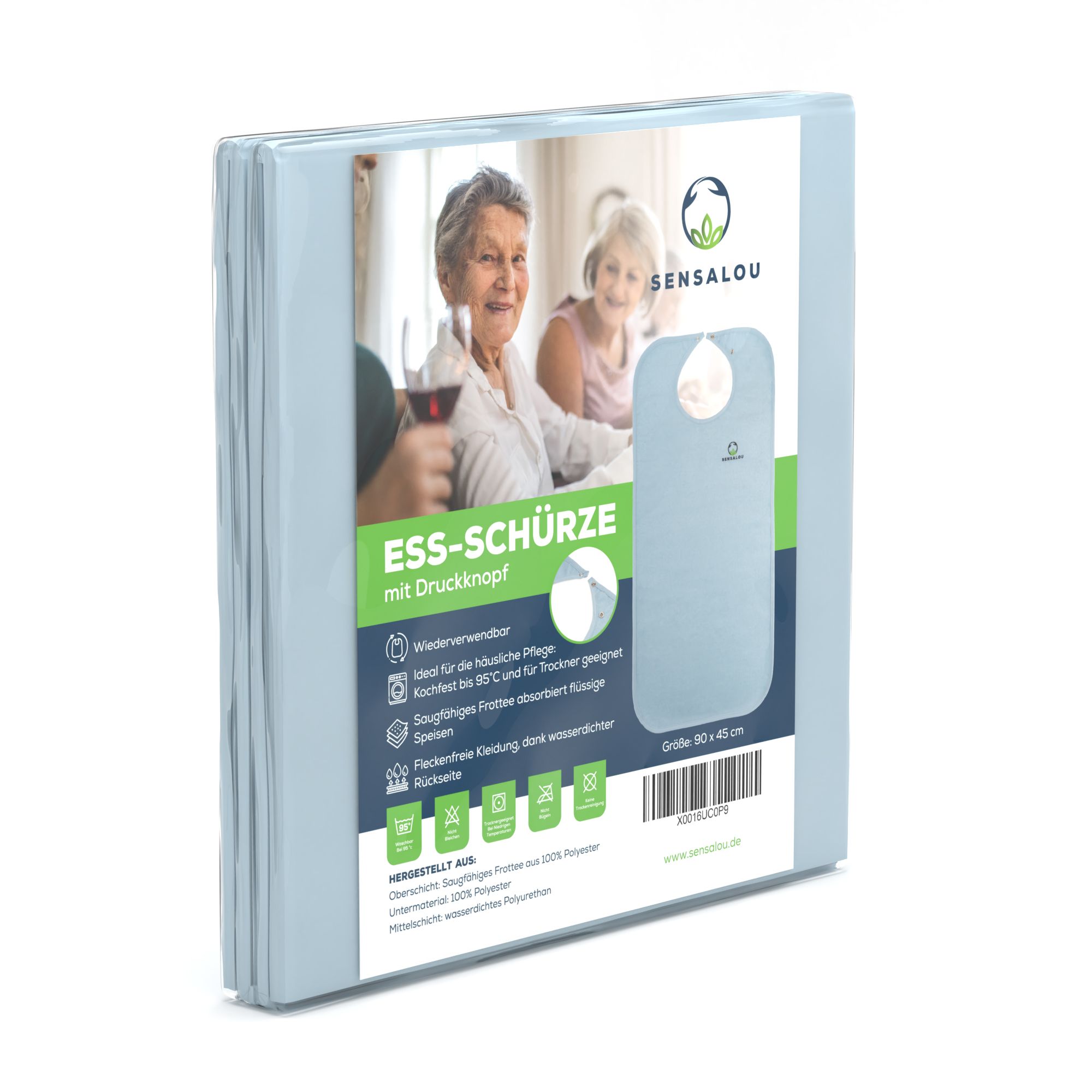 Verpackung eines hellblauen Lätzchens. Aufdruck mit Produktabbildung und Text. Produktname "ESS-SCHÜRZE".