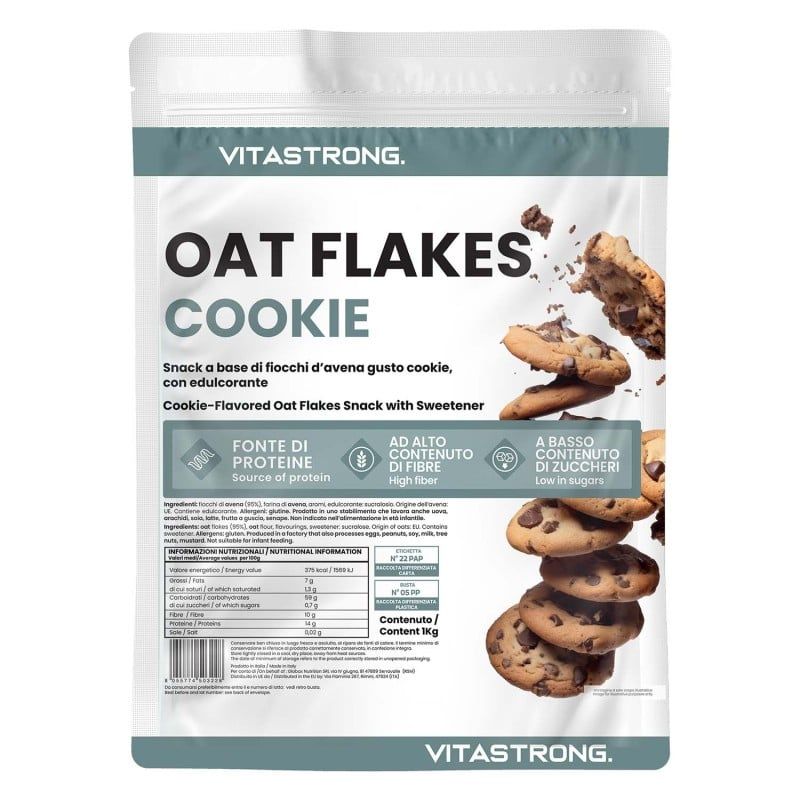 Verpackung Oat Flakes Cookie. Beutel mit Keksen und Schokoladenstückchen. Text: Quelle für Protein, hoher Ballaststoffgehalt, zuckerarm. Vitastrong.