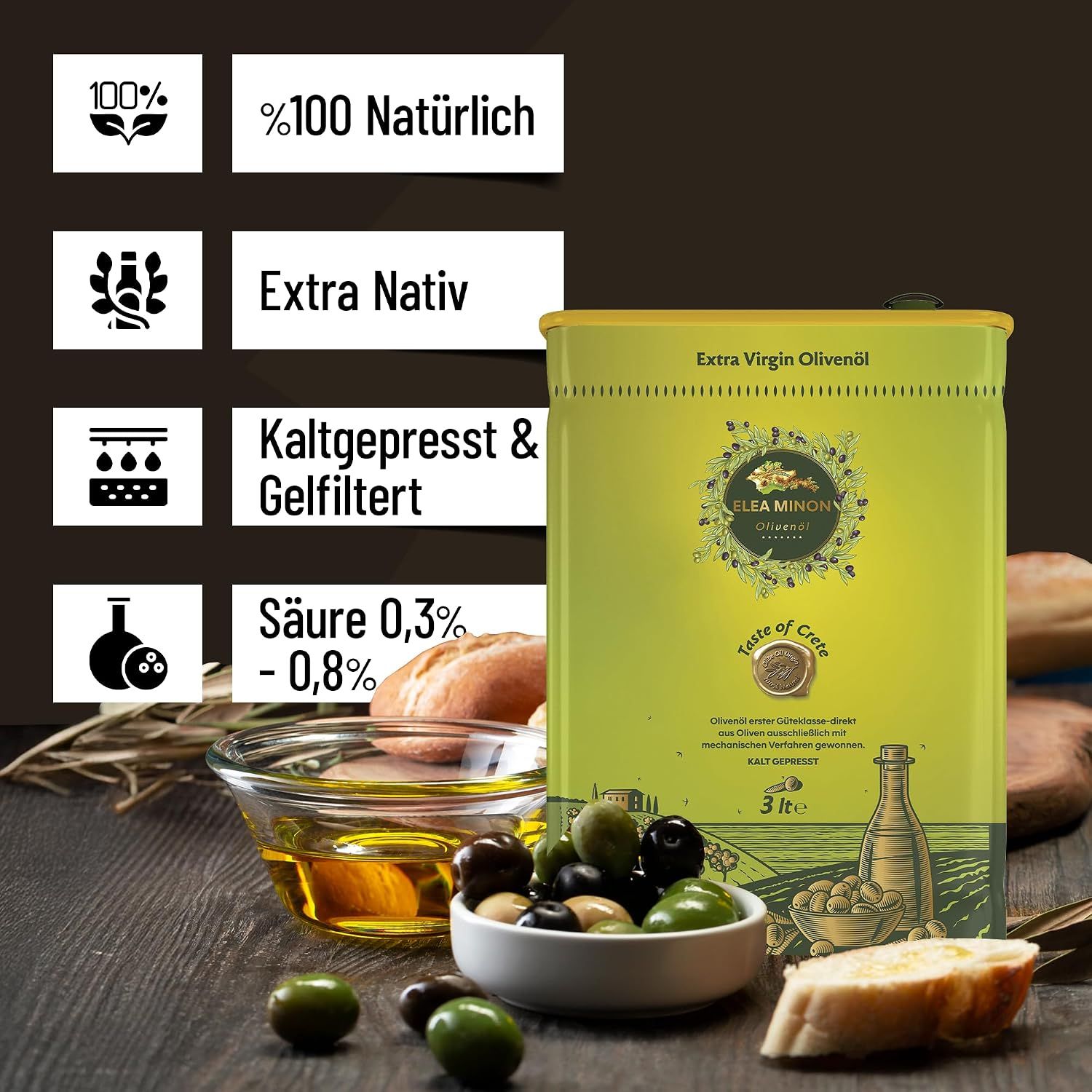 Kanister mit Olivenöl, daneben Schalen mit Oliven, Brot und Olivenöl.