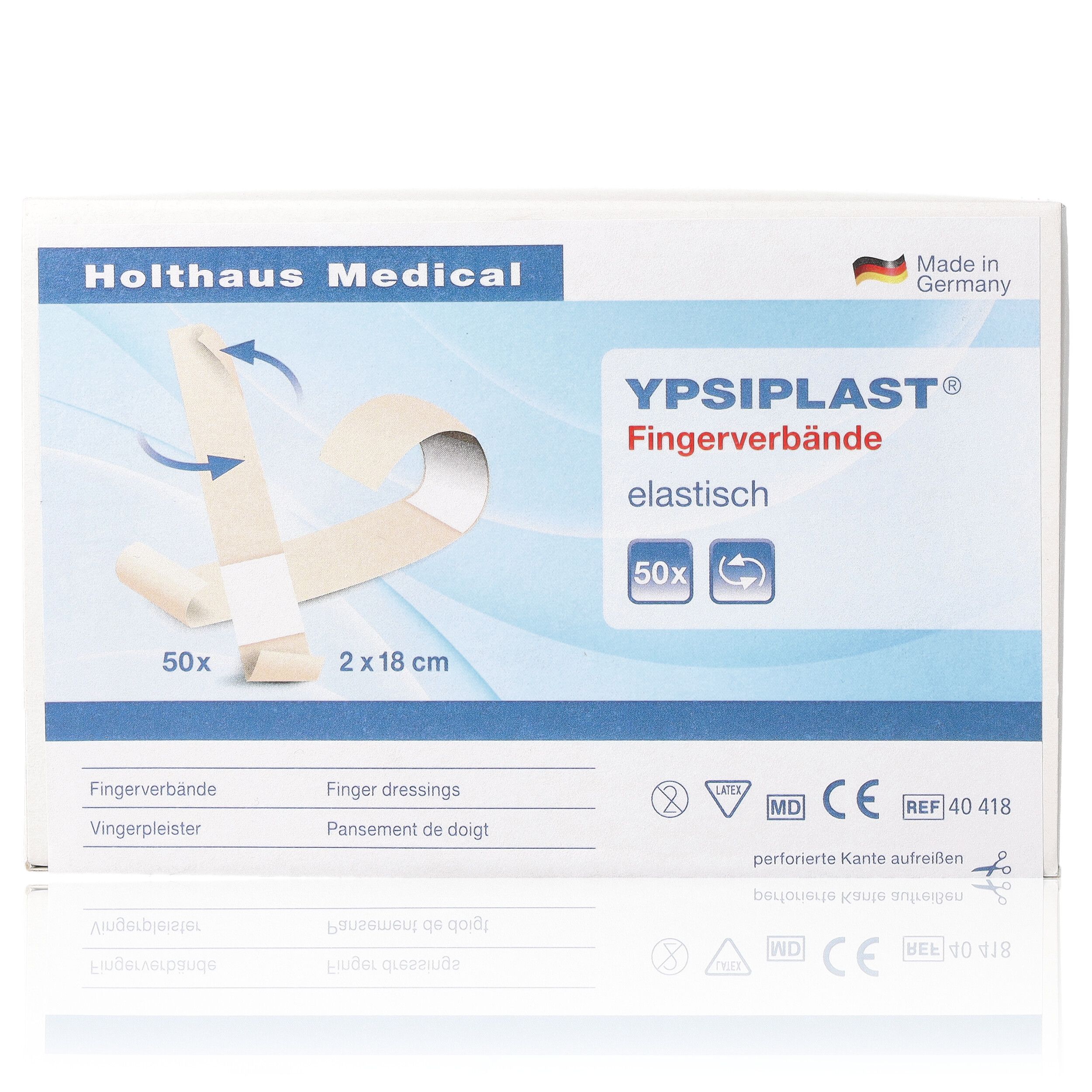 Verpackung mit YPSIPLAST Fingerverbände. Enthält 50 Stück. Produktabbildung und Informationen.