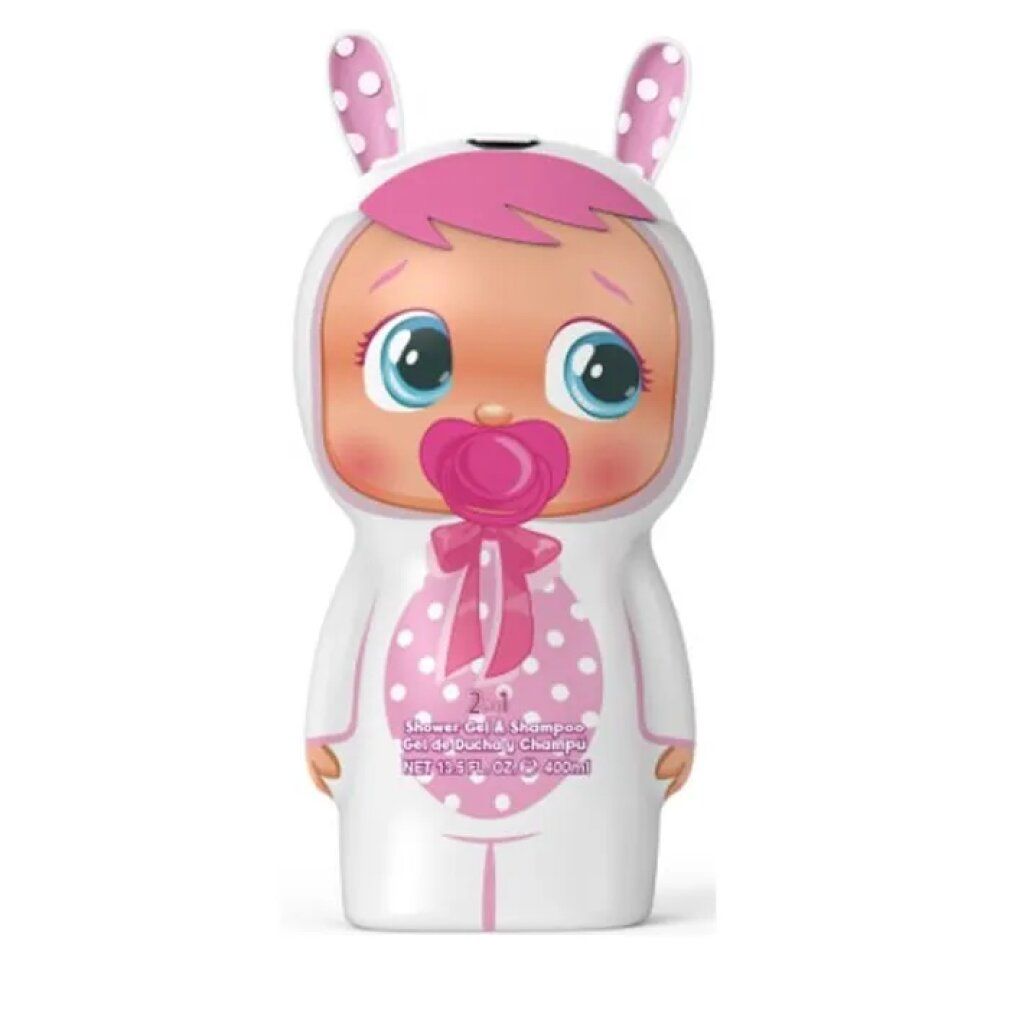 Baby-Duschgel-Flasche in Form eines Babys in Hasenkostüm. Rosa Schleife, Schnuller. Aufschrift: 2-in-1 Shower Gel & Shampoo.