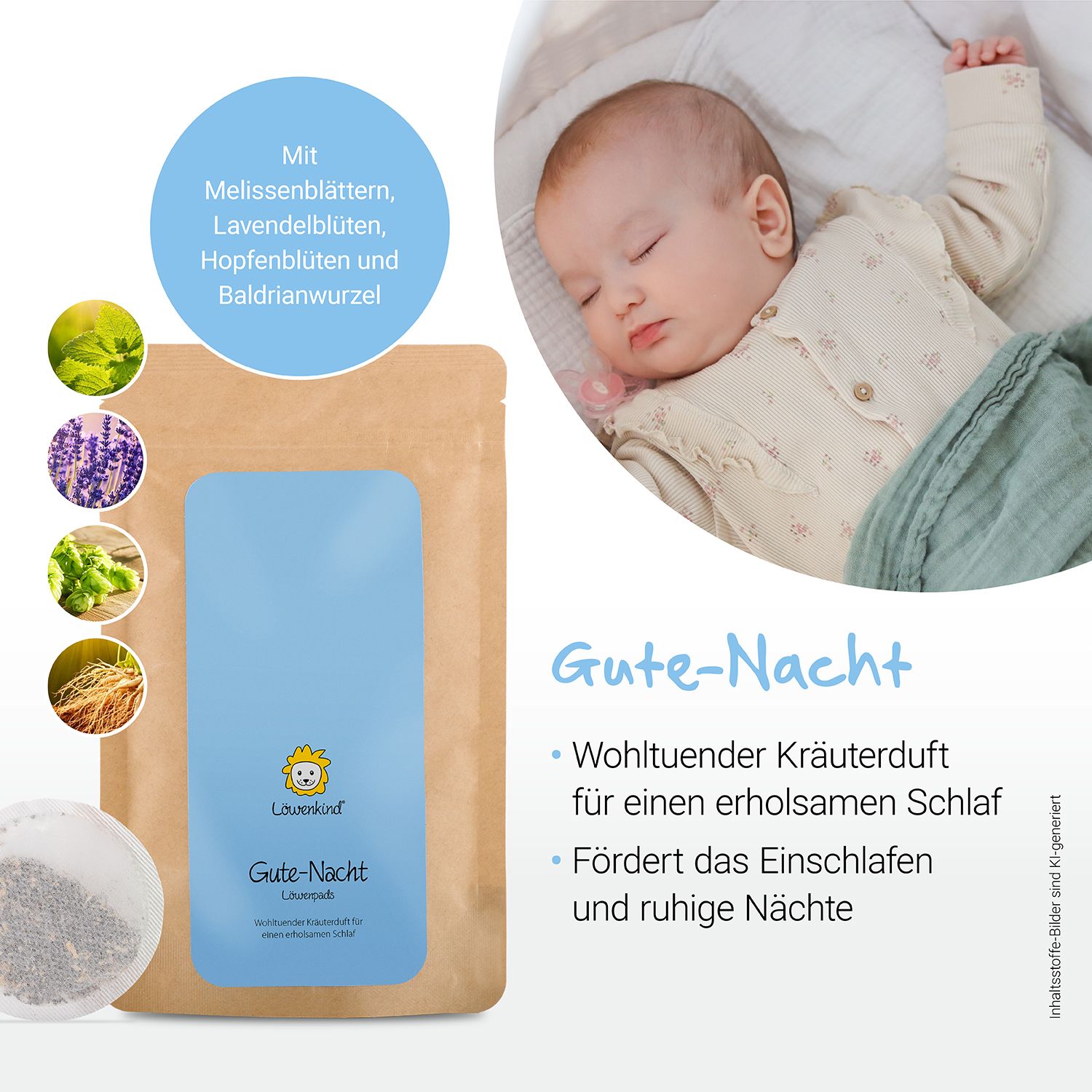 Produktverpackung mit Baby. Kräuterpads, Inhaltsstoffe und Text: Gute-Nacht. Logo: Löwenkind. Fördert erholsamen Schlaf.
