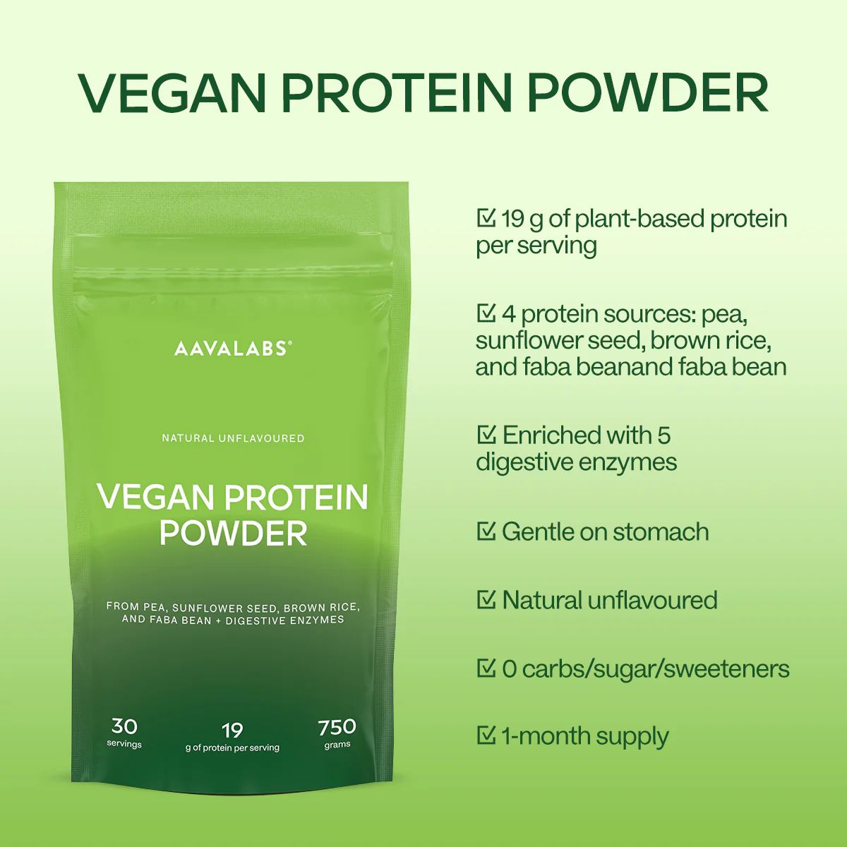 Grüne Verpackung Aavalabs Vegan Protein Powder. 19g Protein pro Portion. 4 Proteinquellen, 5 Enzyme, 0 Zucker.