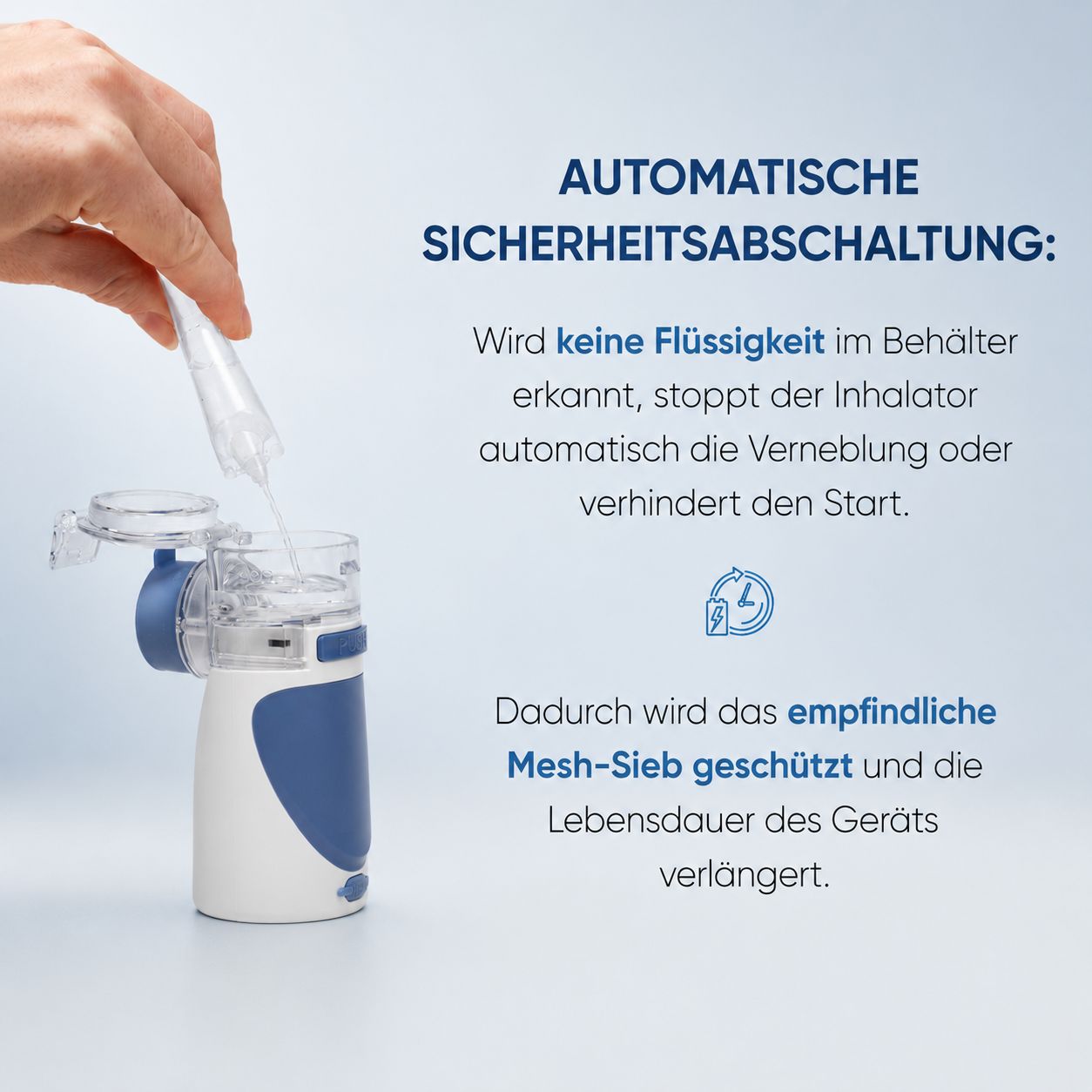 Inhalationsgerät mit abnehmbarem Mundstück. Text: Automatische Sicherheitsabschaltung. Health Press Logo.