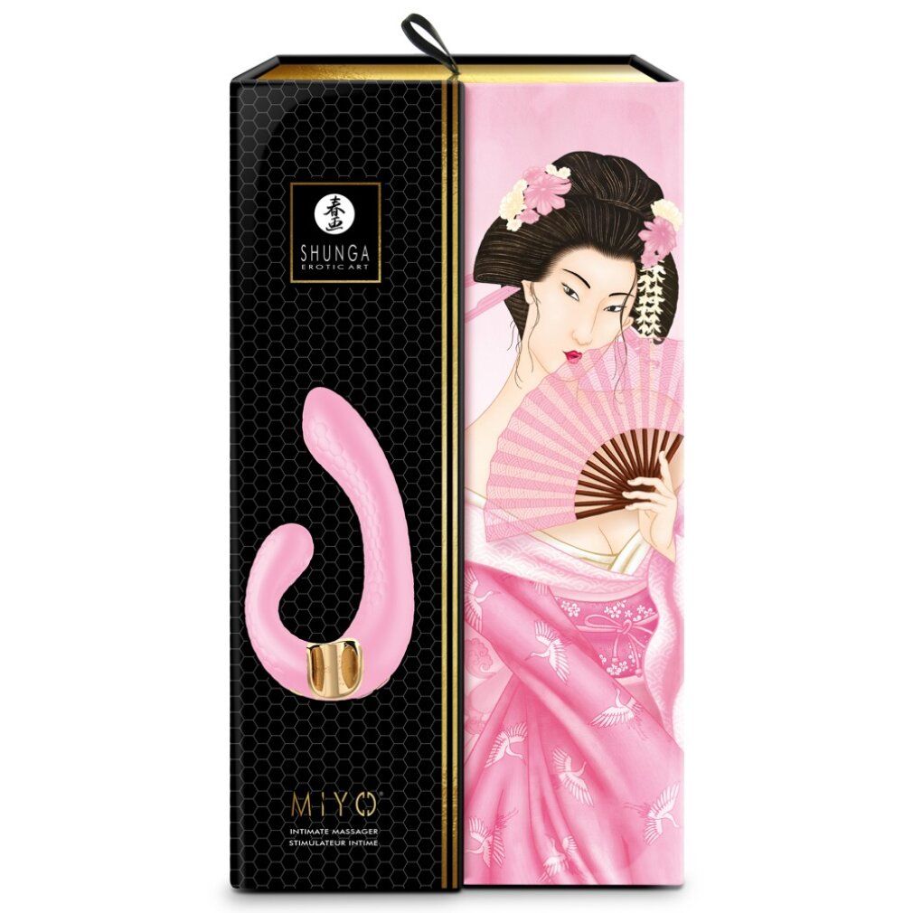Rosa Massagegerät mit goldfarbenem Akzent, in einer Verpackung mit Geisha-Illustration.