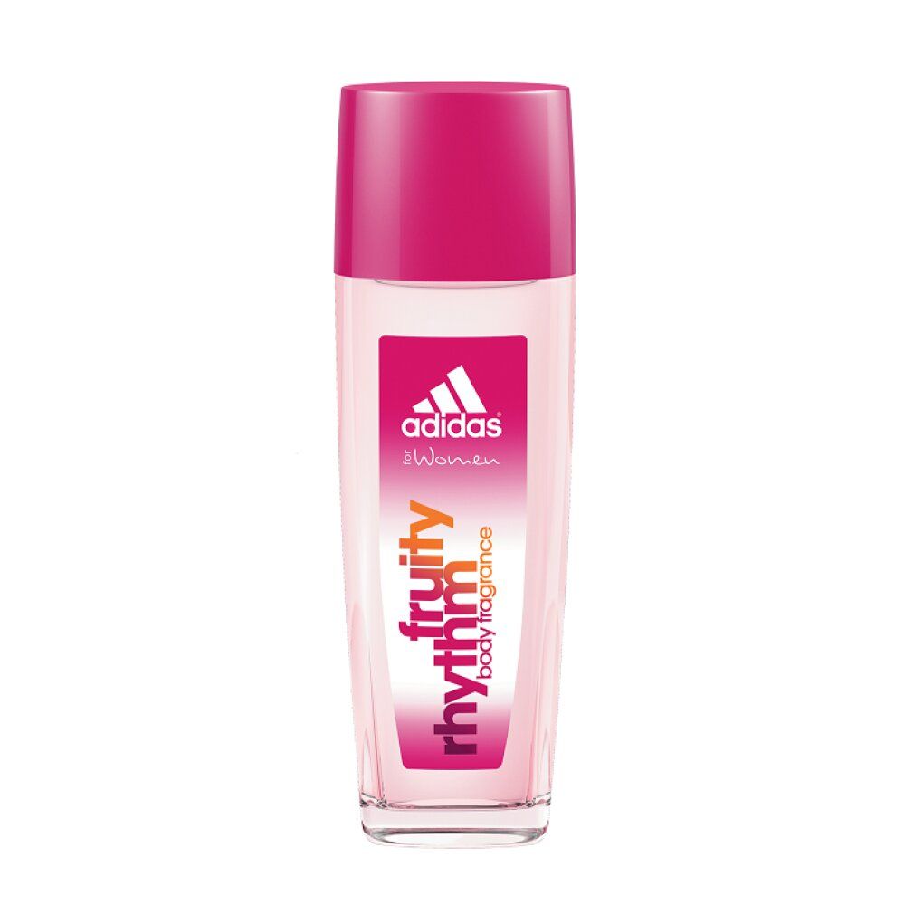 Deo-Glas mit pinkfarbenem Deckel. Aufkleber mit Logo und Schriftzug: fruity rhythm body fragrance.
