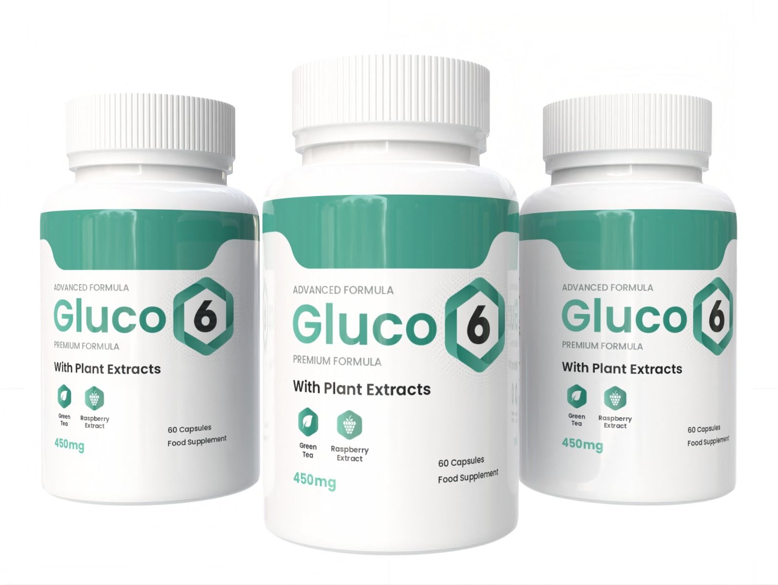 Drei weiße Flaschen mit grünem Etikett. Aufschrift: Gluco6, mit Pflanzenextrakten, 60 Kapseln. 450mg.