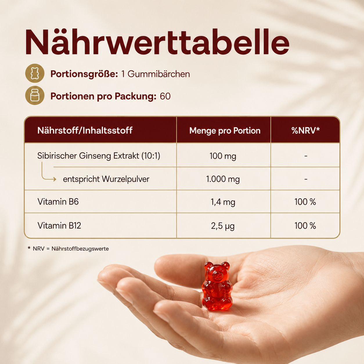 Nährwerttabelle für Gummily Sibirischer Ginseng: 1 Gummibärchen pro Portion, 60 Portionen.