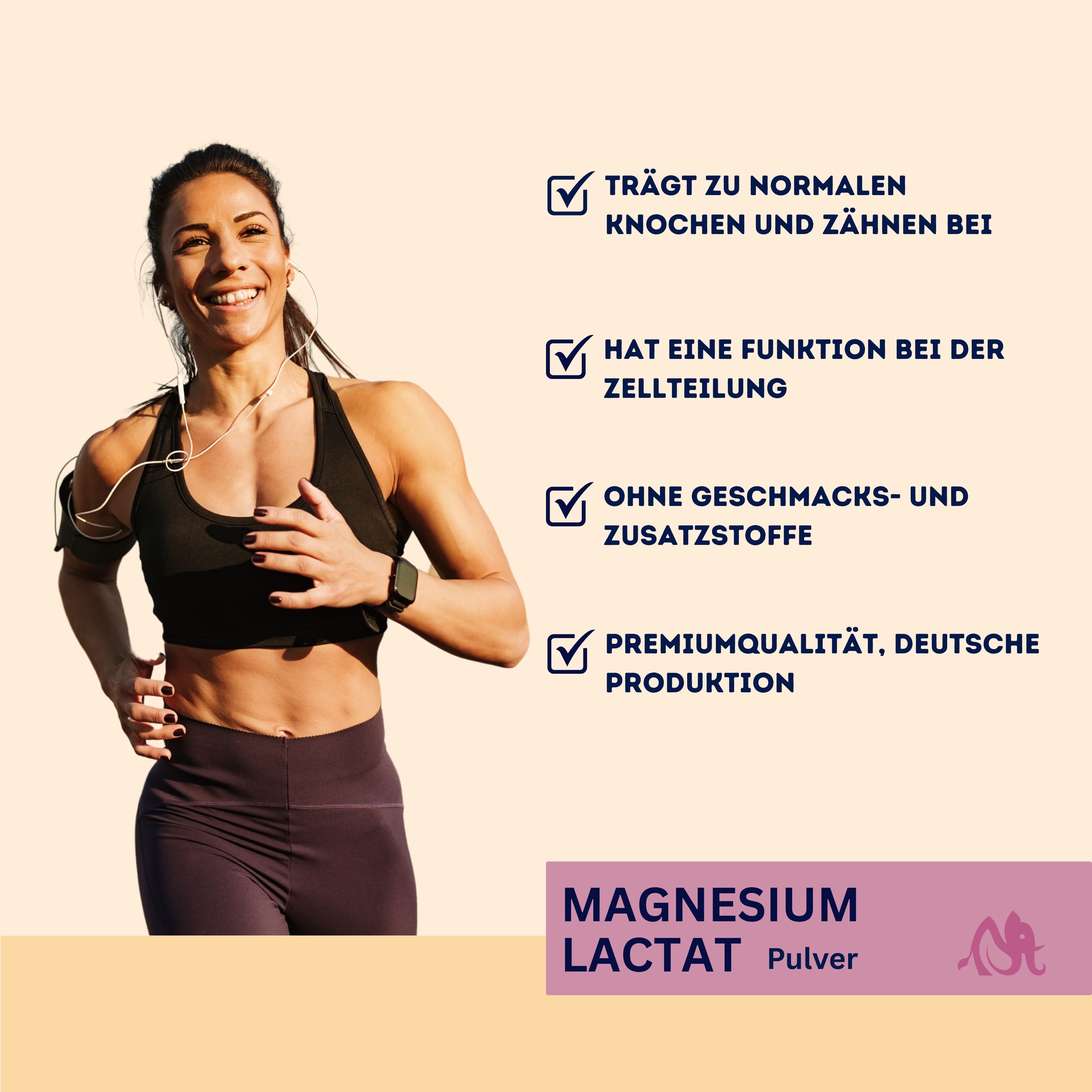 Läuferin mit Text. Text: Magnesiumlactat Pulver. Trägt zu Knochen und Zähnen bei. Ohne Zusatzstoffe. Premiumqualität.