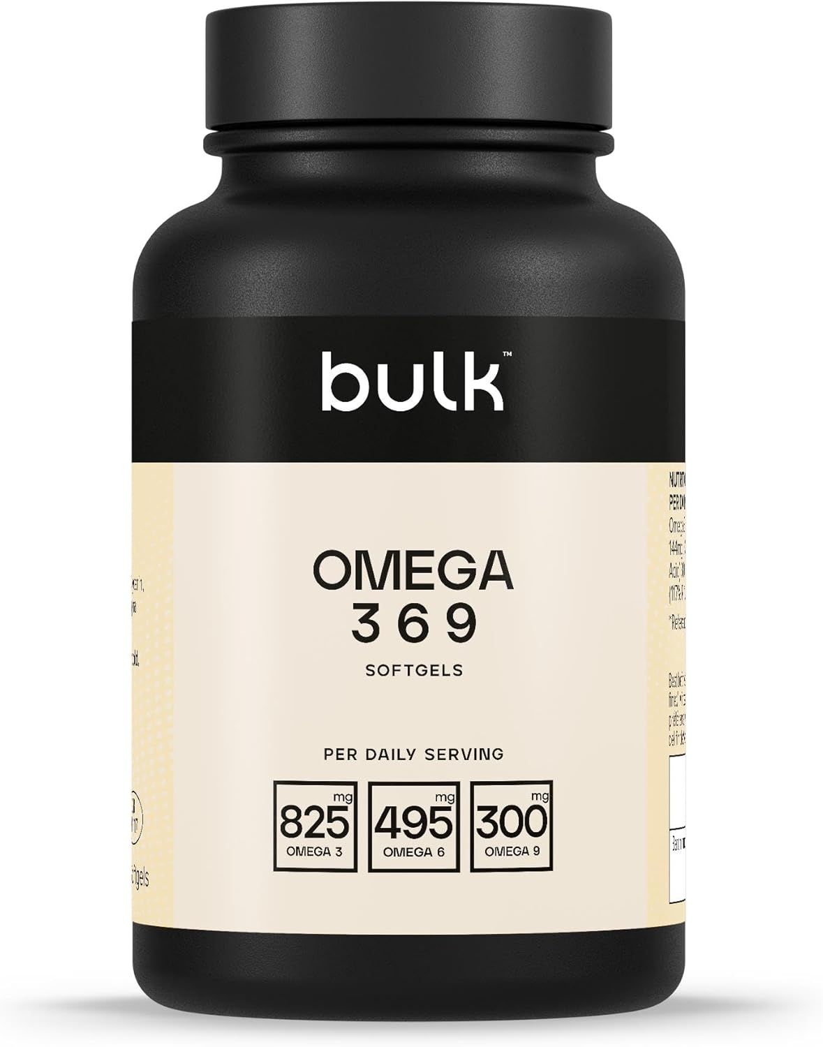 Schwarze Flasche mit weißem Etikett. Aufschrift: bulk, Omega 3 6 9 Softgels. Angaben zu Omega-3, -6, -9-Werten.