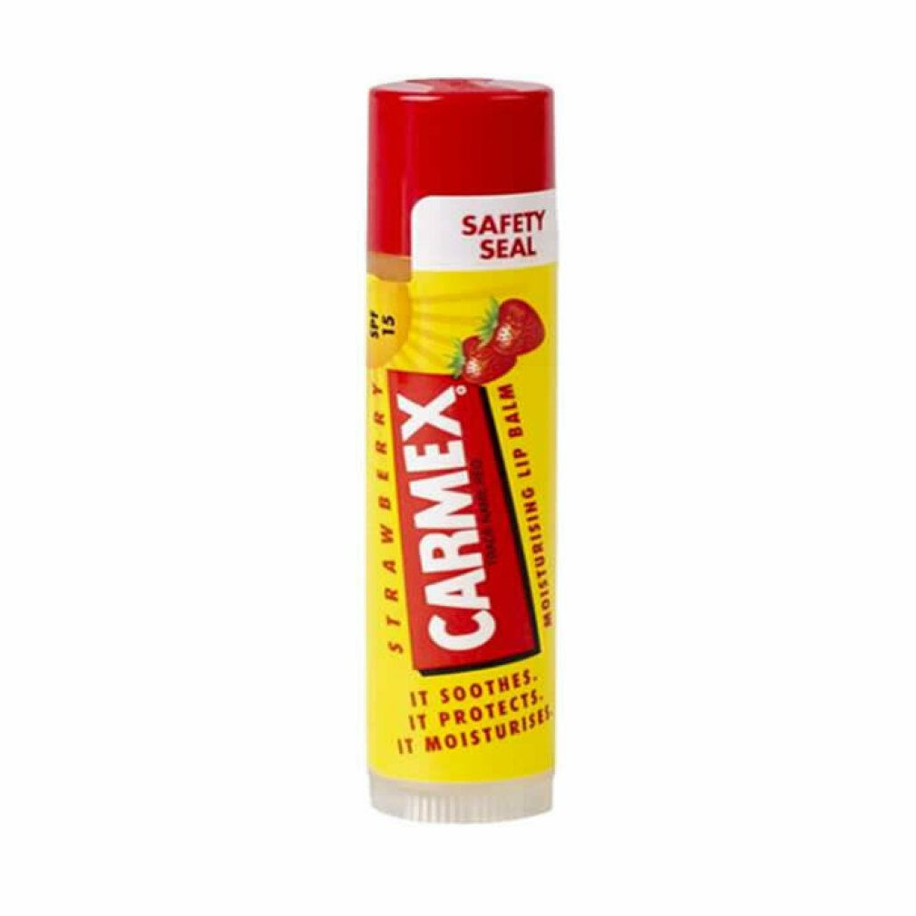 Carmex Erdbeere Lippenbalsam. Gelb-roter Stift mit roter Kappe. Aufschrift: Carmex, Strawberry, SPF 15, Safety Seal.