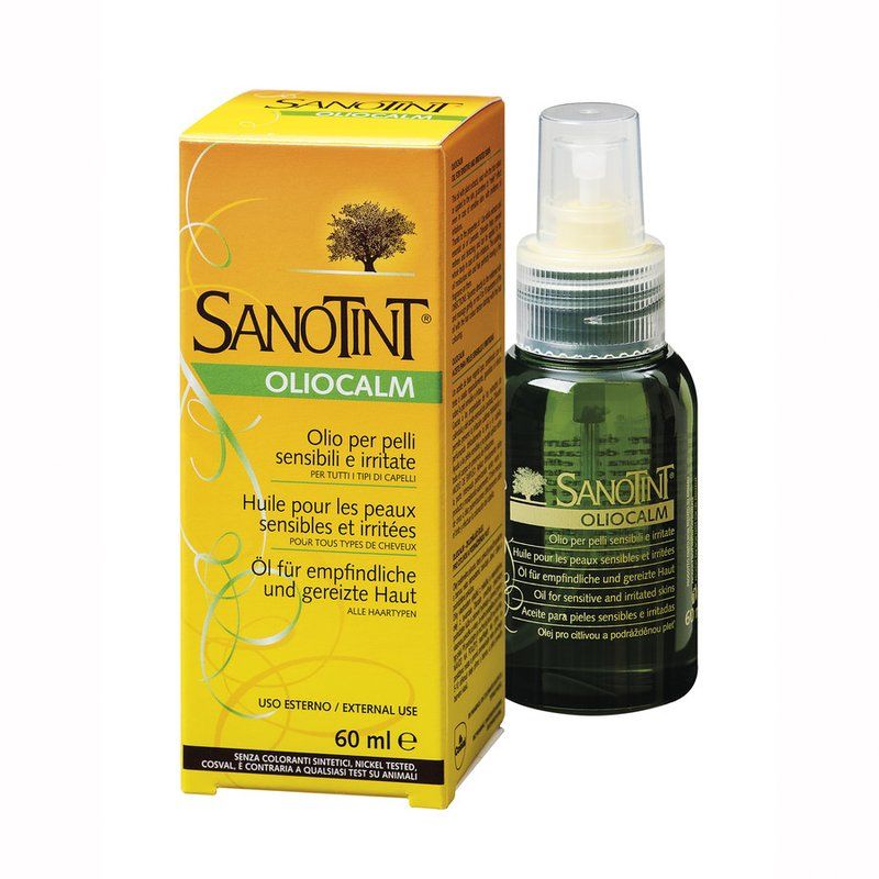 Gelbe Schachtel und grüne Flasche. Aufschrift: Sanotint Oliocalm. Öl für empfindliche und gereizte Haut. 60 ml.