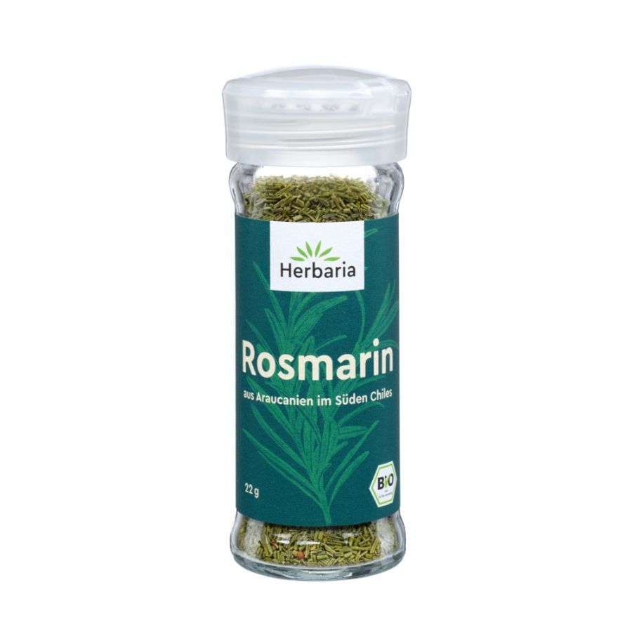 Glasflasche mit Rosmarin. Aufschrift: Herbaria, Rosmarin, Bio-Siegel.