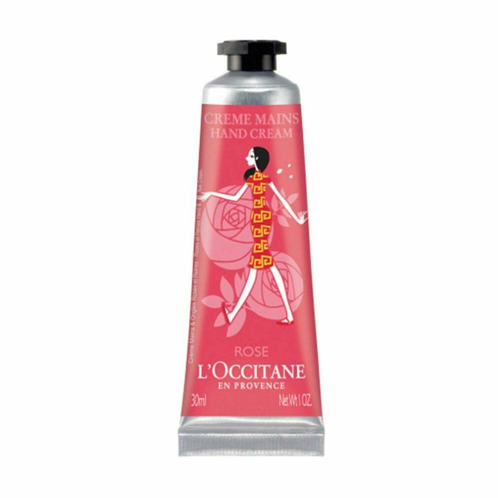 Rosa Handcreme-Tube mit schwarzem Deckel. Abbildung einer Frau. Text: L'Occitane, Rose.