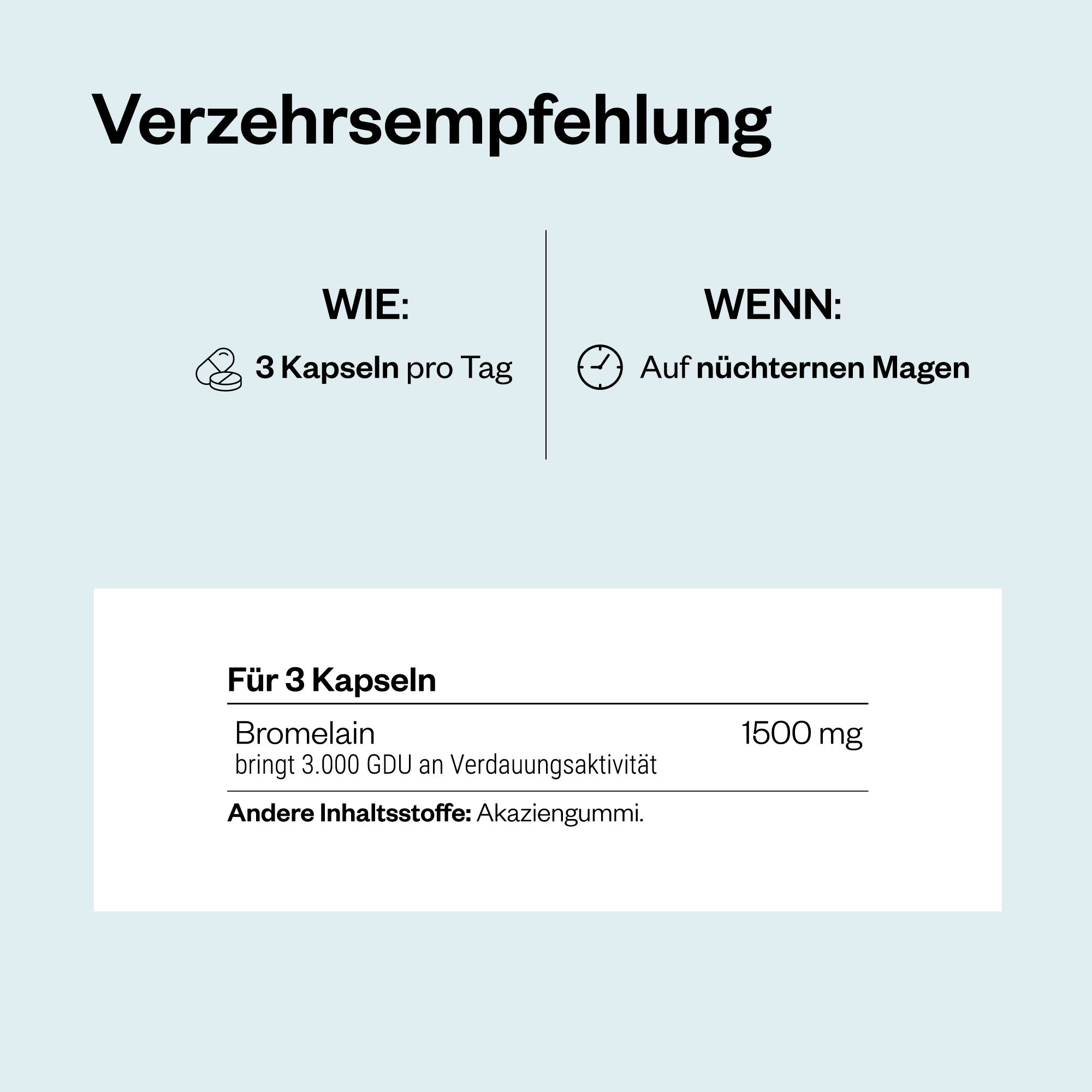 Text mit Verzehrempfehlung: 3 Kapseln pro Tag auf nüchternen Magen. Für 3 Kapseln: 1500 mg Bromelain. Andere Inhaltsstoffe: Akaziengummi.