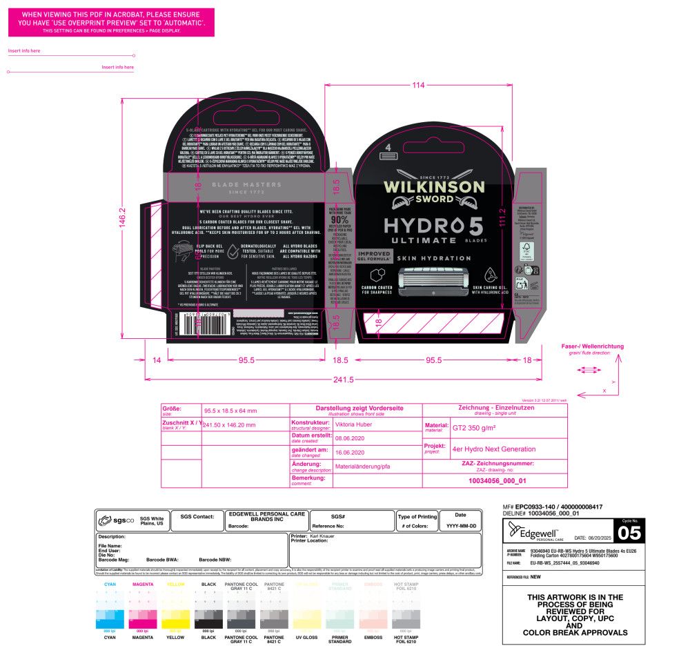 Wilkinson Sword Hydro 5 Ultimate Rasierklingen-Verpackung mit 4 Klingen. Hautpflege mit Gel-Formel.