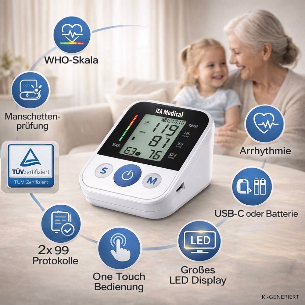 IEA Medical Blutdruckmessgerät: WHO-Skala, Manschettenprüfung, Arrhythmie, USB-C/Batterie.