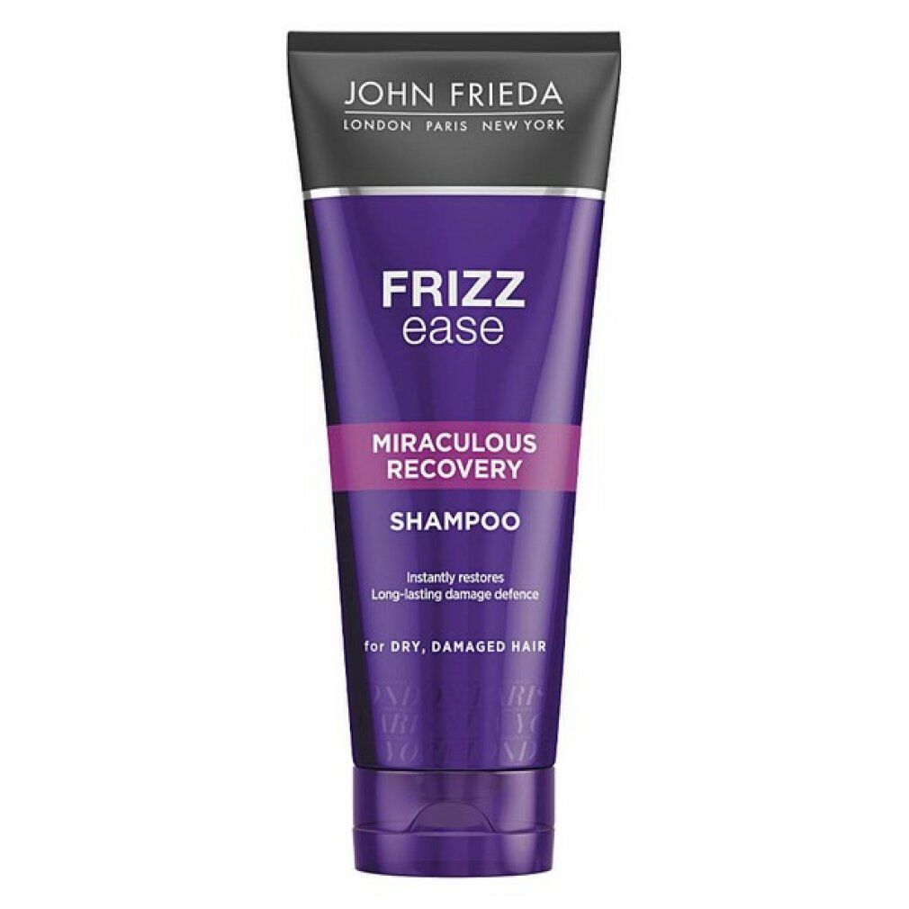 Violette Tube mit schwarzem Deckel. Aufschrift: John Frieda, Frizz Ease, Miraculous Recovery Shampoo. Für trockenes, geschädigtes Haar.