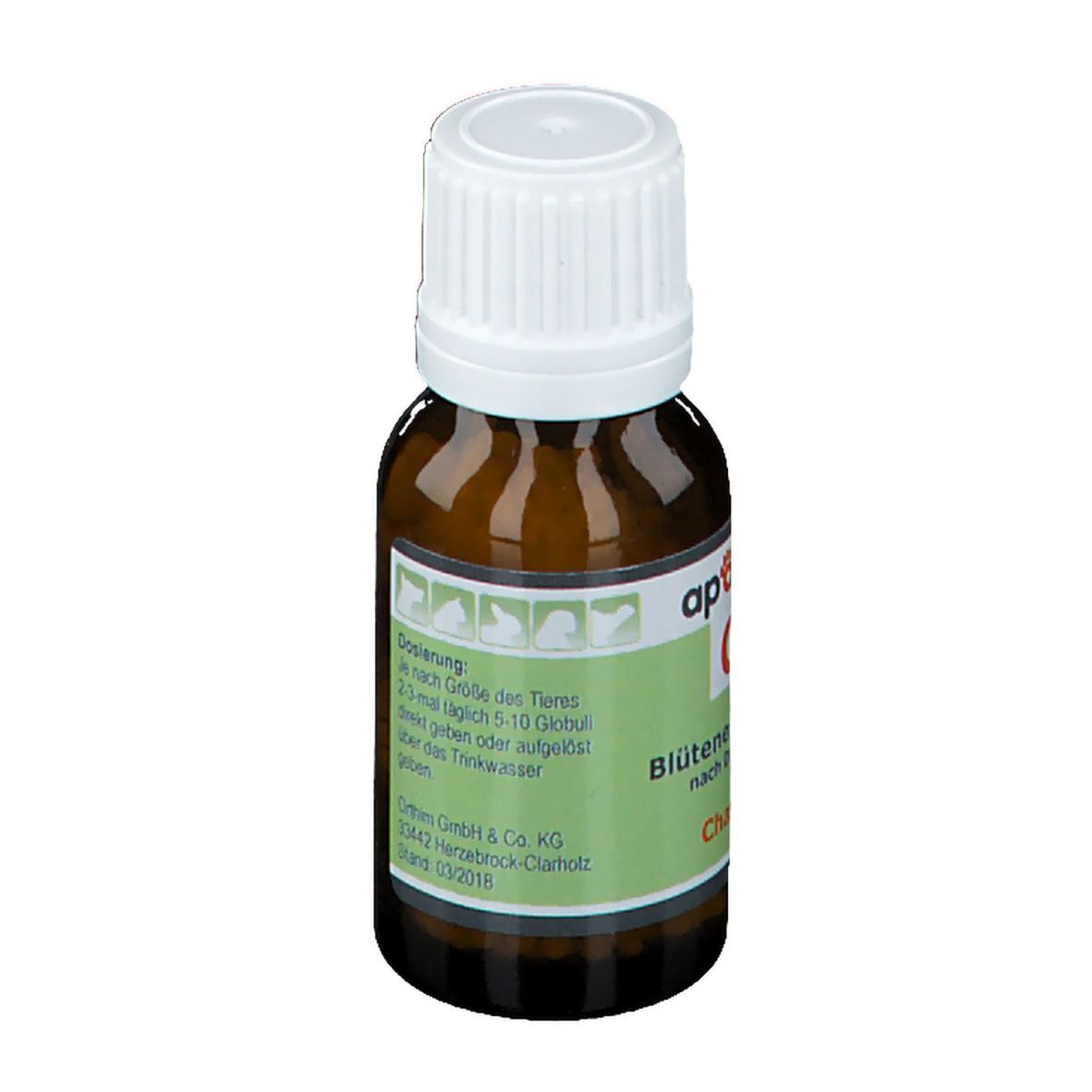 Braune Glasflasche mit weißem Deckel und grünem Etikett. Text: Dosierung: 2-3 Globuli täglich. Hersteller: Orthim GmbH & Co. KG.