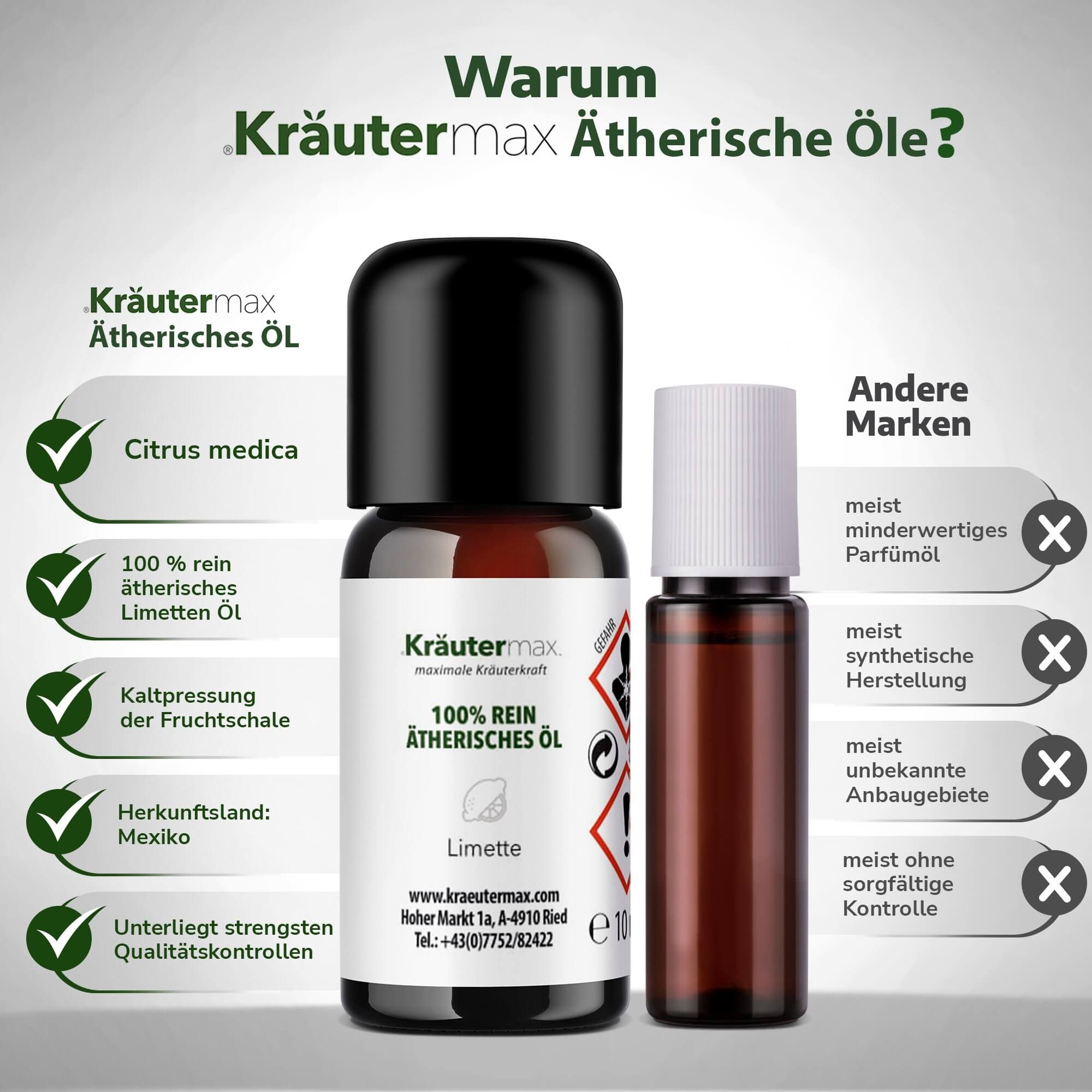 Zwei braune Glasflaschen. Eine mit schwarzem Deckel, die andere mit weißem. Text: Kräutermax, 100% rein ätherisches Öl.