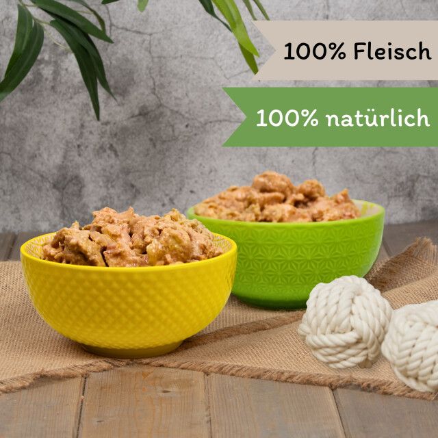 Zwei Schalen mit Hundefutter. Aufschrift: 100% Fleisch, 100% natürlich. Dekoration: Seilbälle.