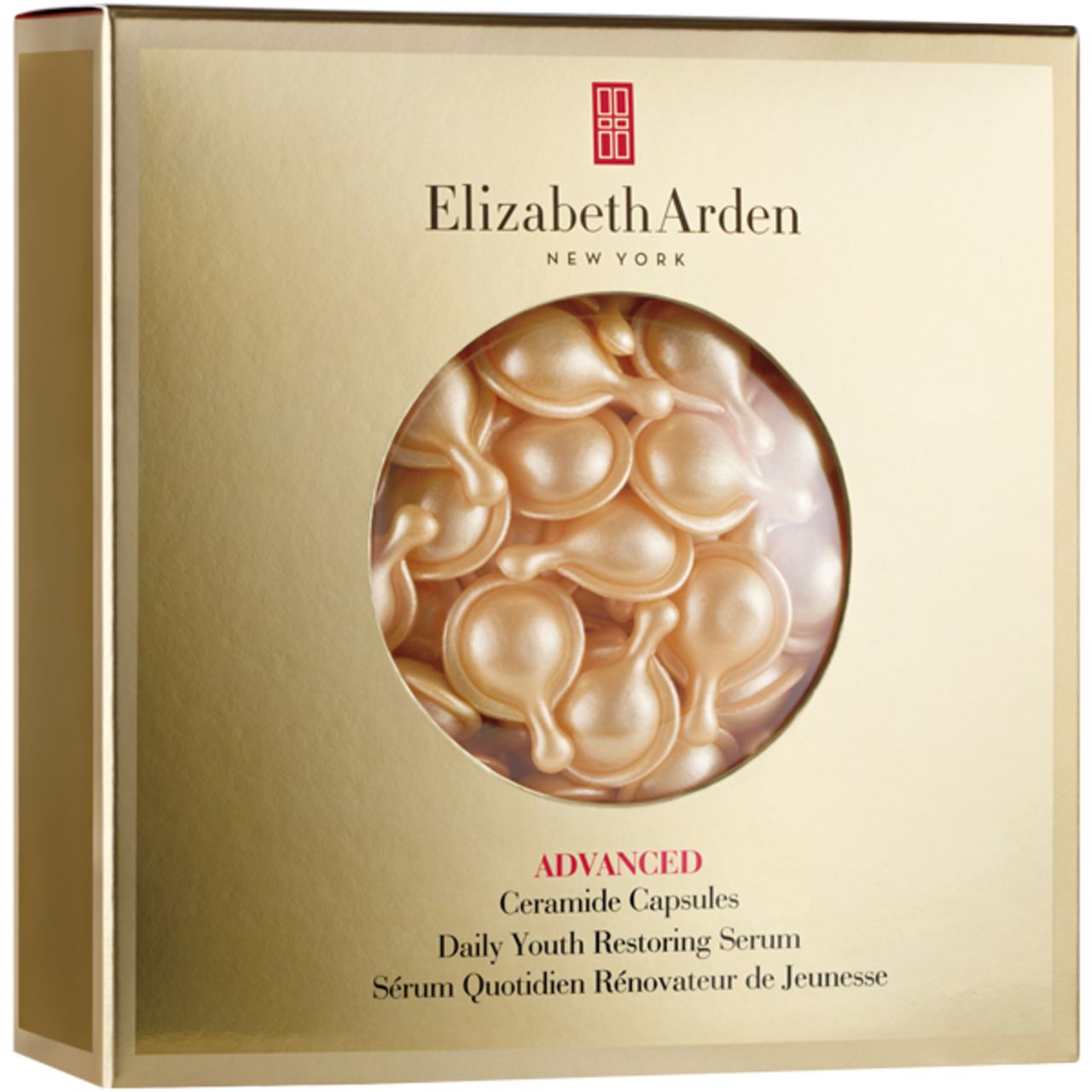 Goldfarbene Verpackung mit Elizabeth Arden Logo. Sichtbar sind Kapseln im Inneren. Text: Ceramide Daily Youth Restoring Serum.