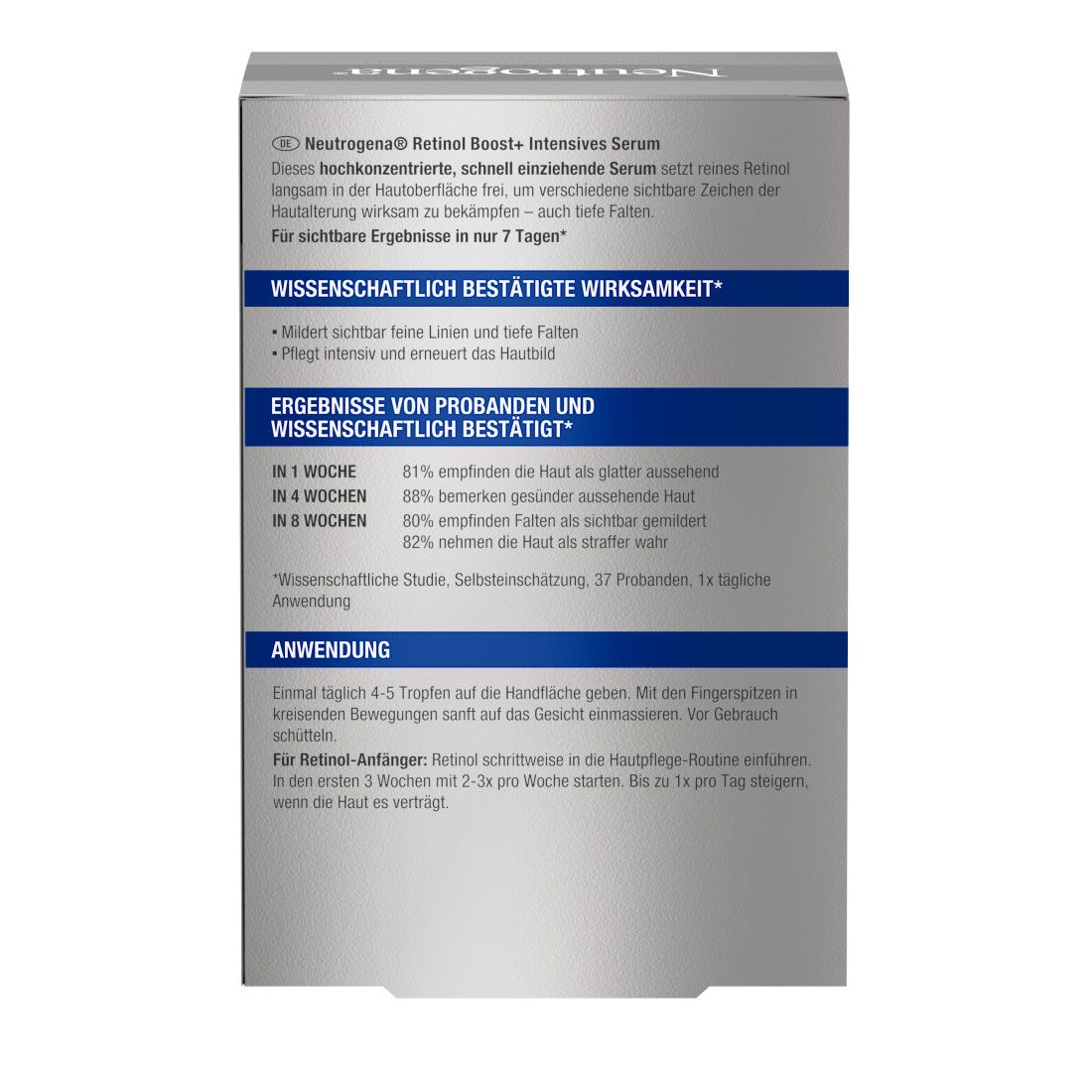 Rückseite der Verpackung. Text über die Wirkung des Serums, Ergebnisse und Anwendungshinweise.