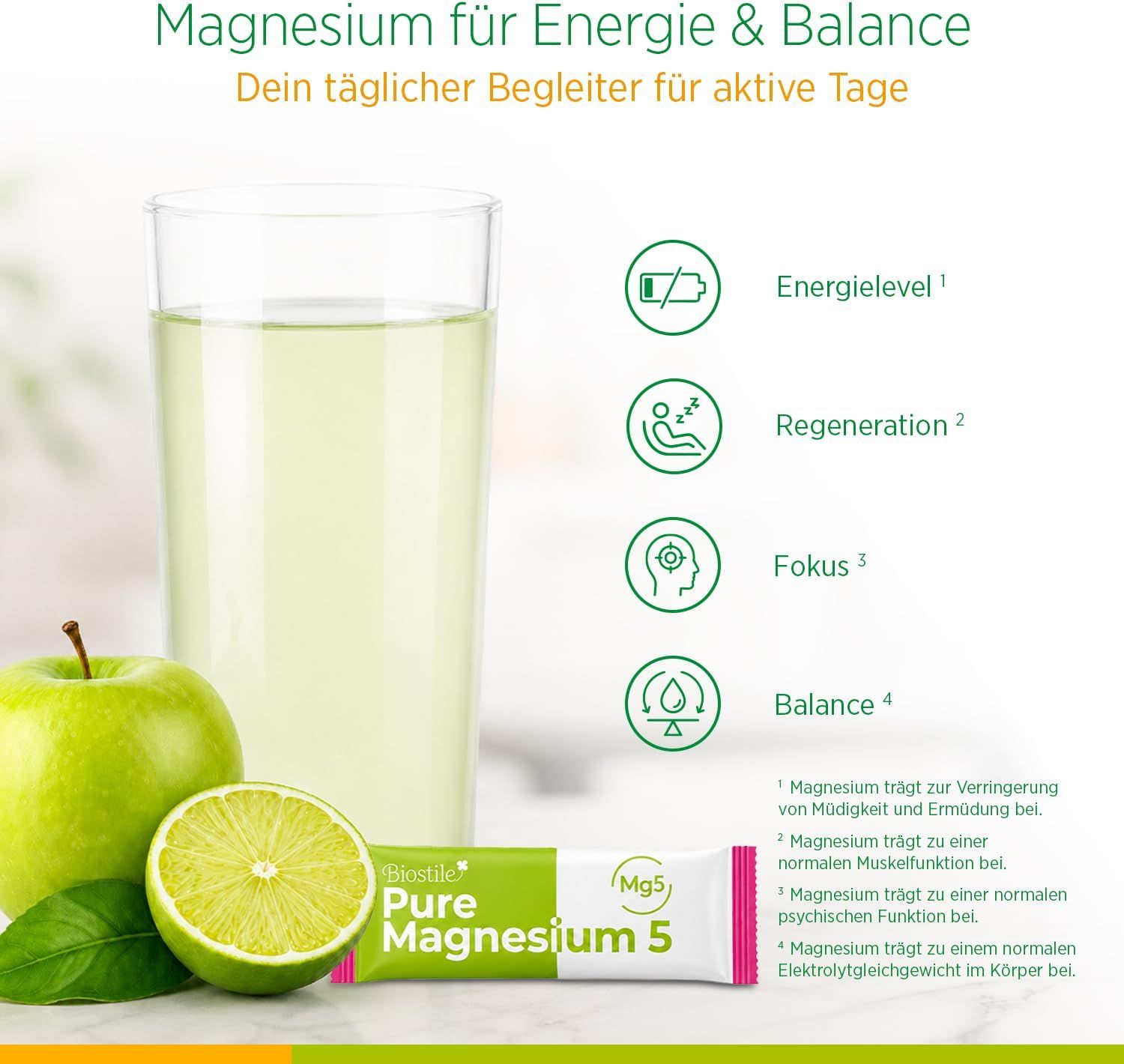 Biostile Pure Magnesium 5: Für aktive Menschen jeden Alters, Fokus auf Wohlbefinden und Balance im Alltag.