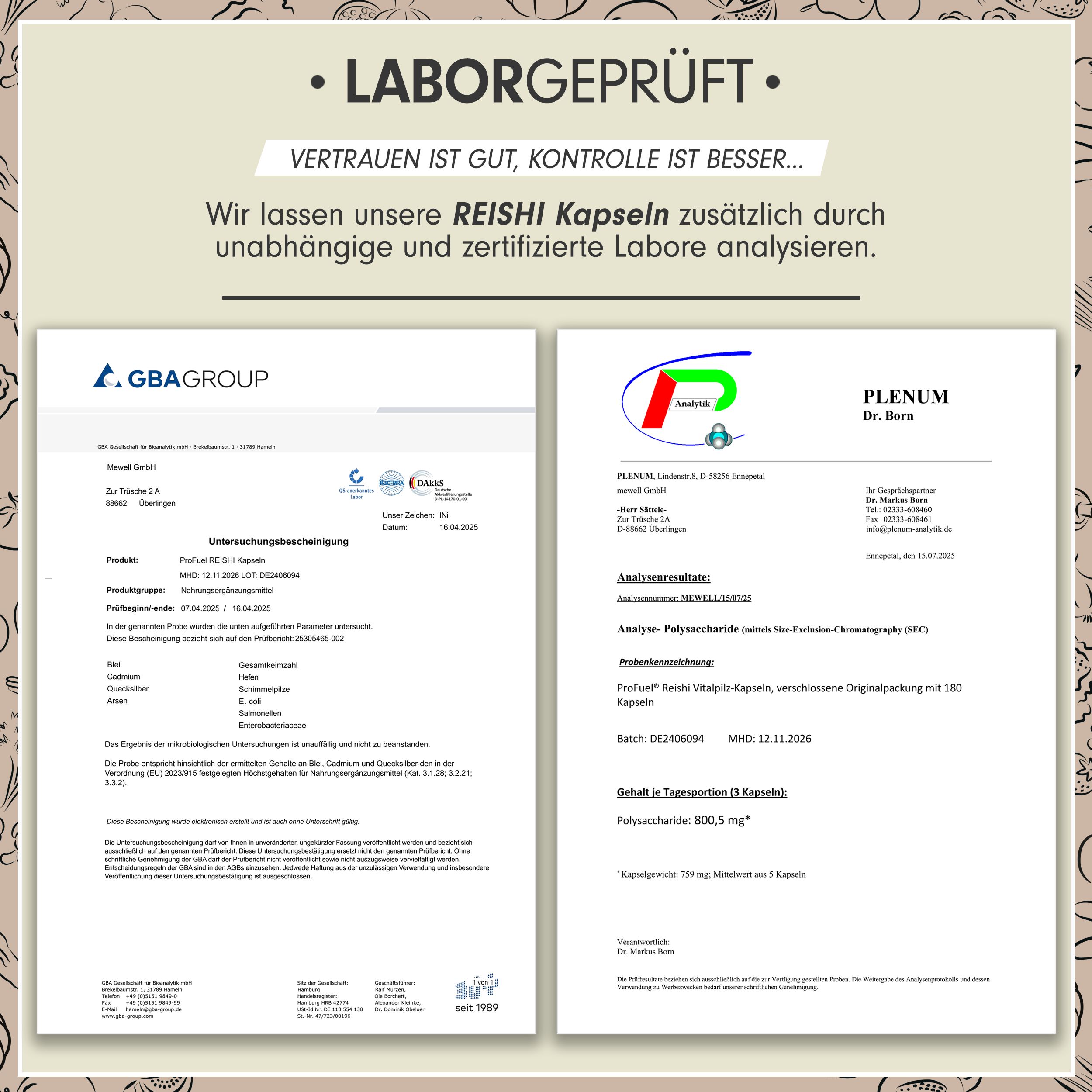 Zwei Zertifikate. Laborgeprüft. Analyseergebnisse von Reishi Kapseln. Zertifizierungen von GBA Group und PLENUM.
