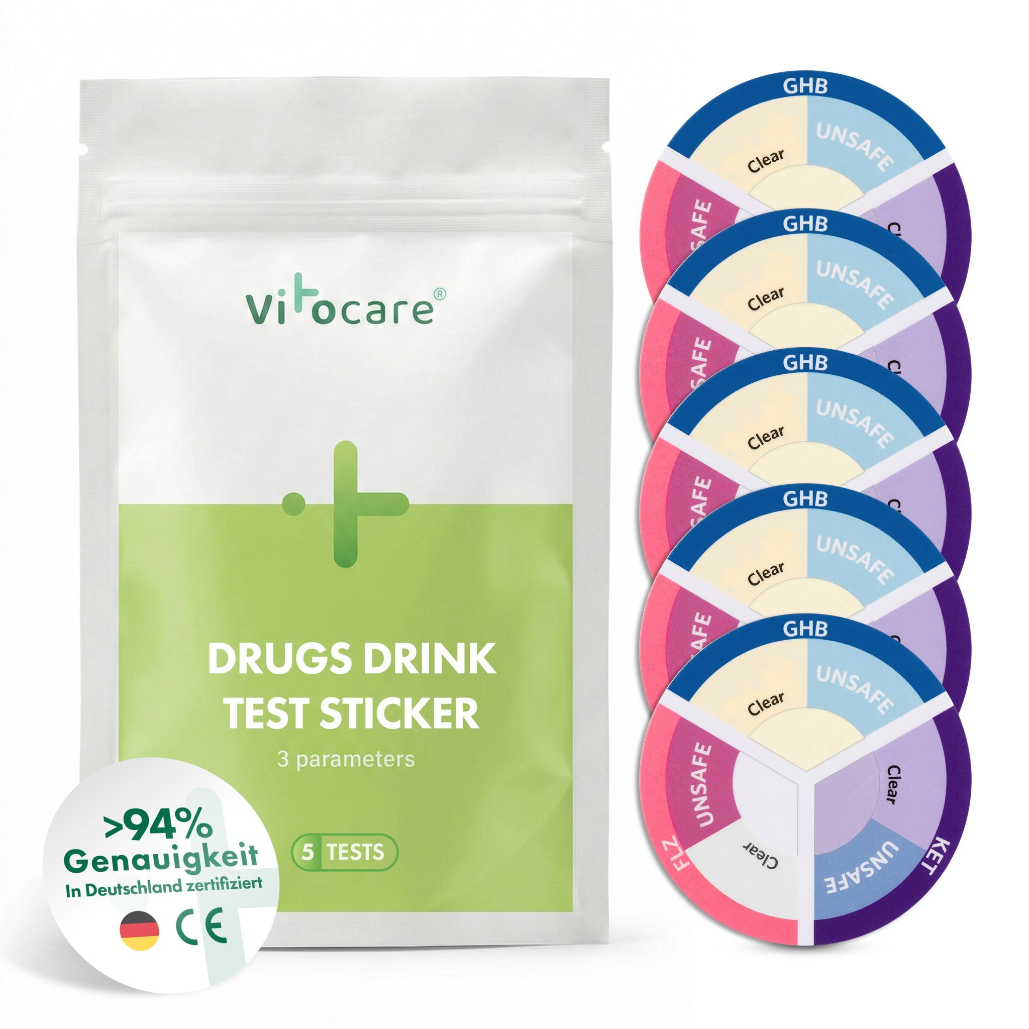 Vitocare KO Tropfen Test Drink-Sticker | Ketamin & GHB Schnelltest 5 St