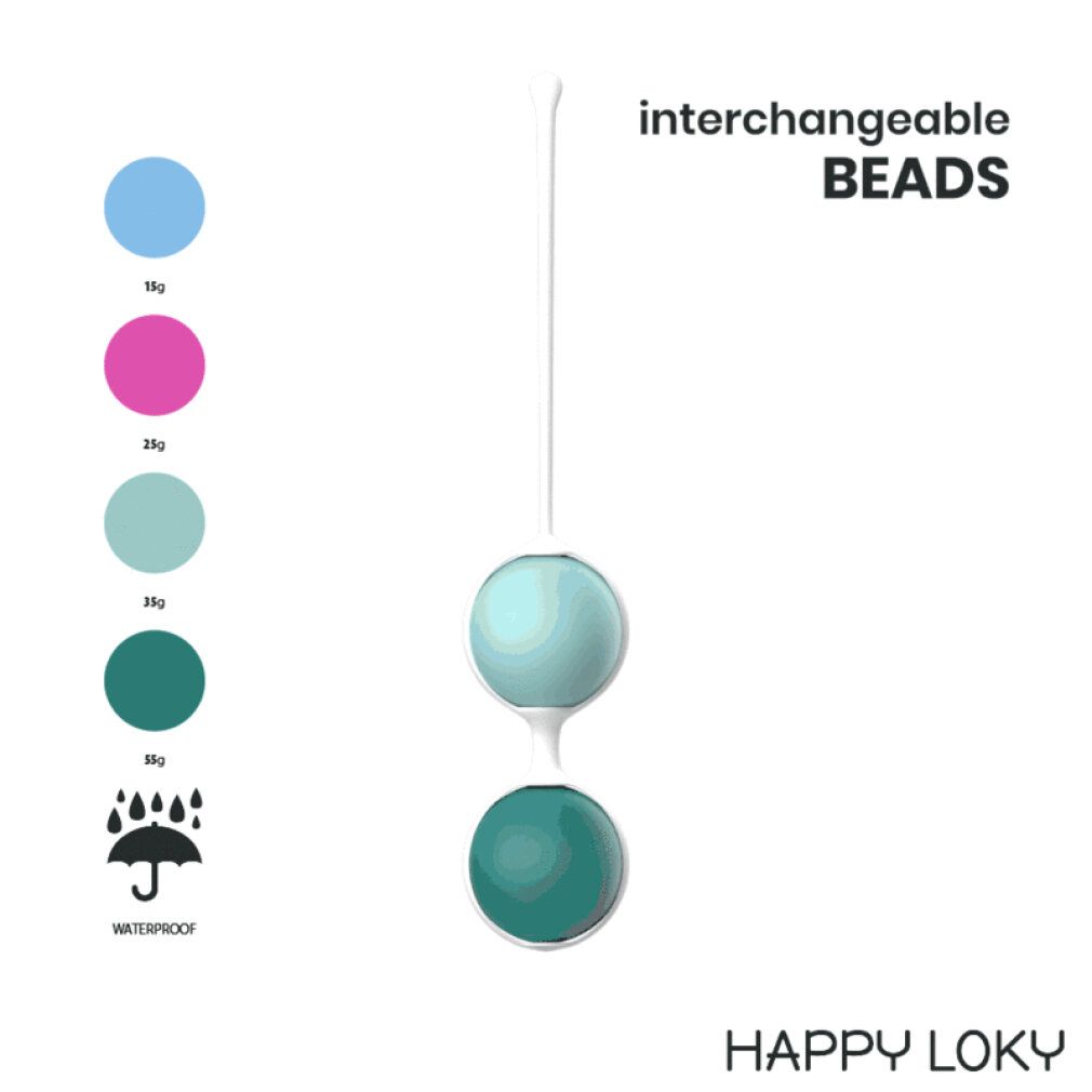 Set mit Kugeln in Blau, Pink, Türkis und Grün. Zwei Kugeln sind verbunden, zwei lose. Aufdruck: HAPPY LOKY.