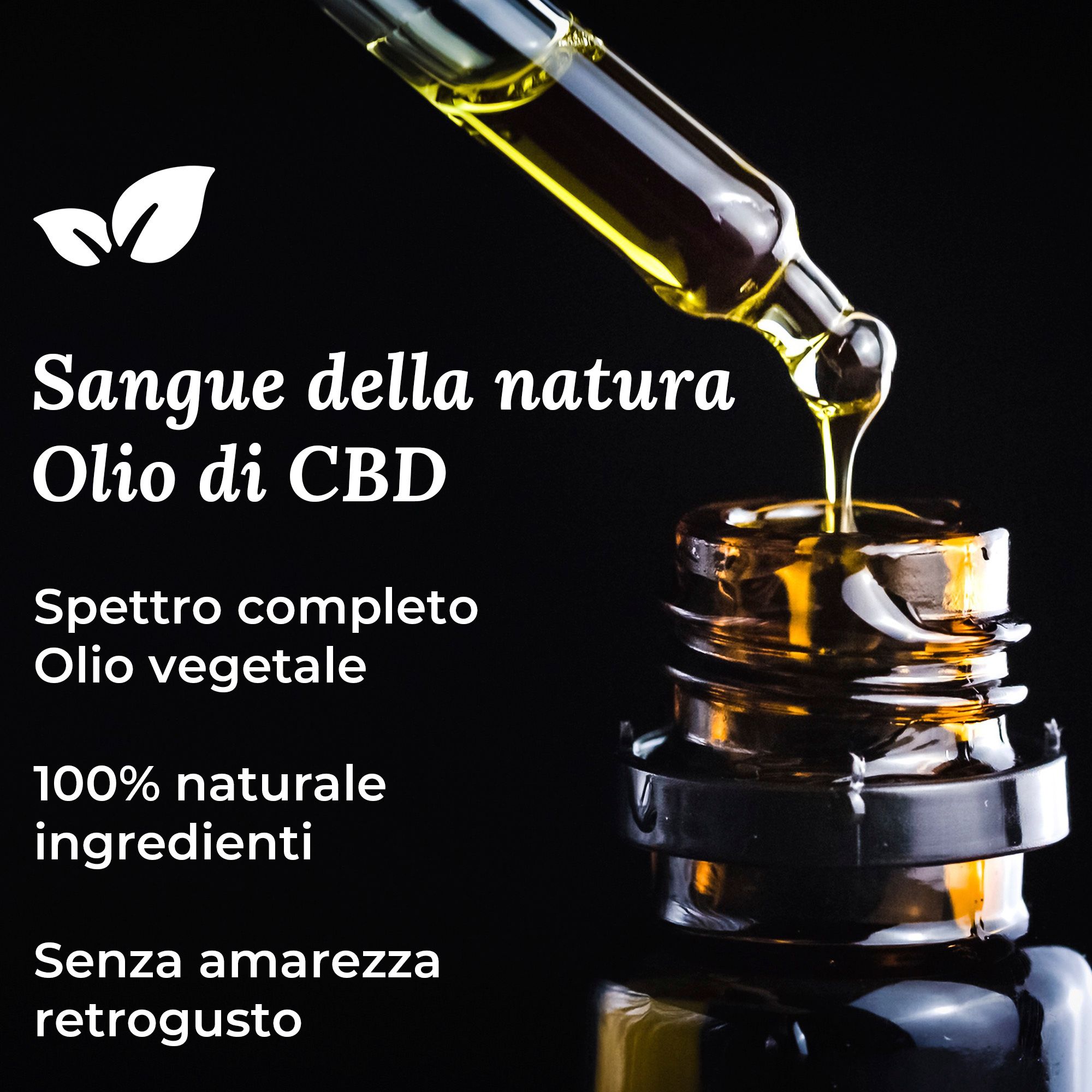 L'olio gocciola da una pipetta in una bottiglia marrone. Scritta CBD. Sfondo nero.