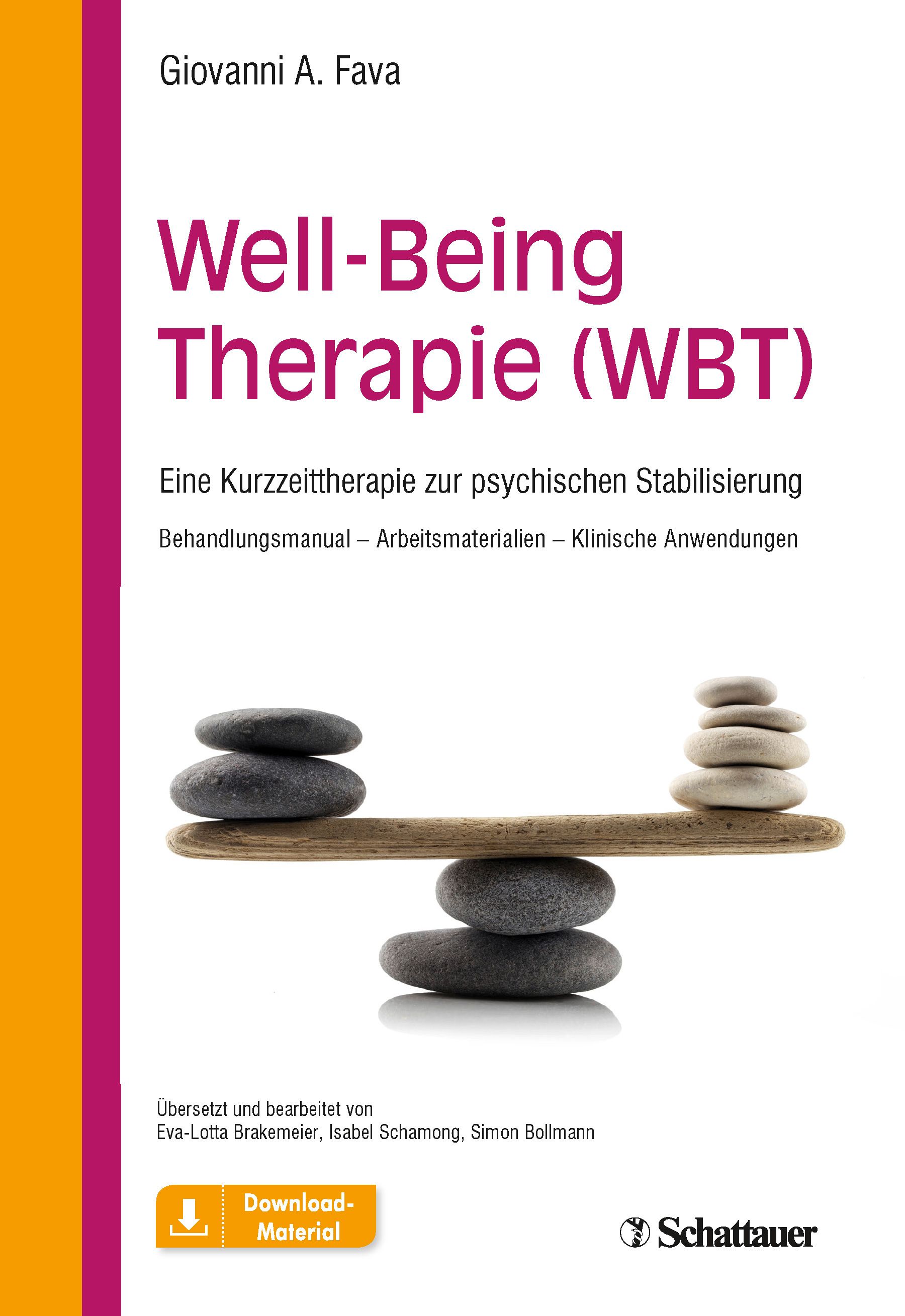 Buchcover mit Titel Well-Being Therapie (WBT). Steine auf Holzbrett. Autorennamen und Verlag Schattauer.