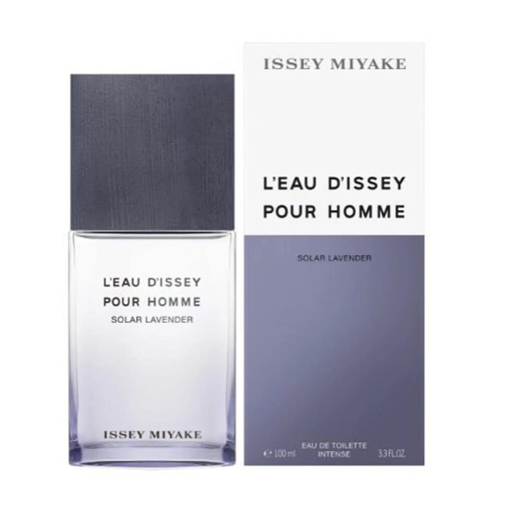 Flakon und Verpackung. Flakon: rechteckig, graue Kappe. Verpackung: weiß/lila. Aufschrift: L'Eau d'Issey pour Homme Solar Lavender.