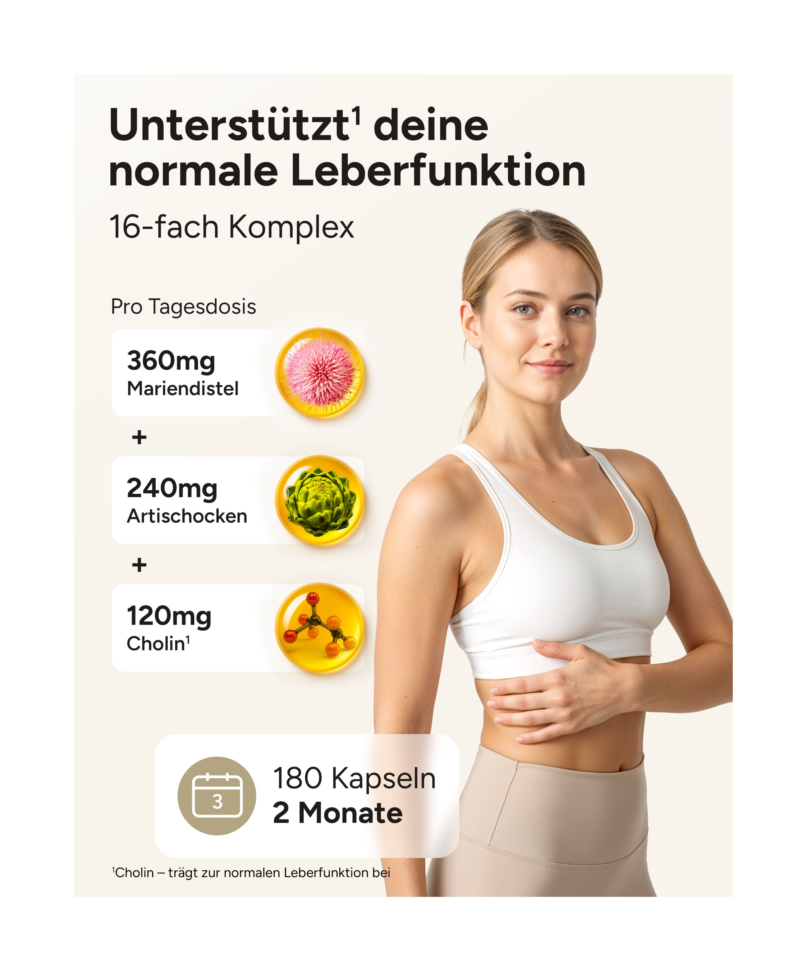 Frau hält Hand an Bauch. Grafiken zeigen Mariendistel, Artischocke und Cholin. Text: 180 Kapseln, 2 Monate.