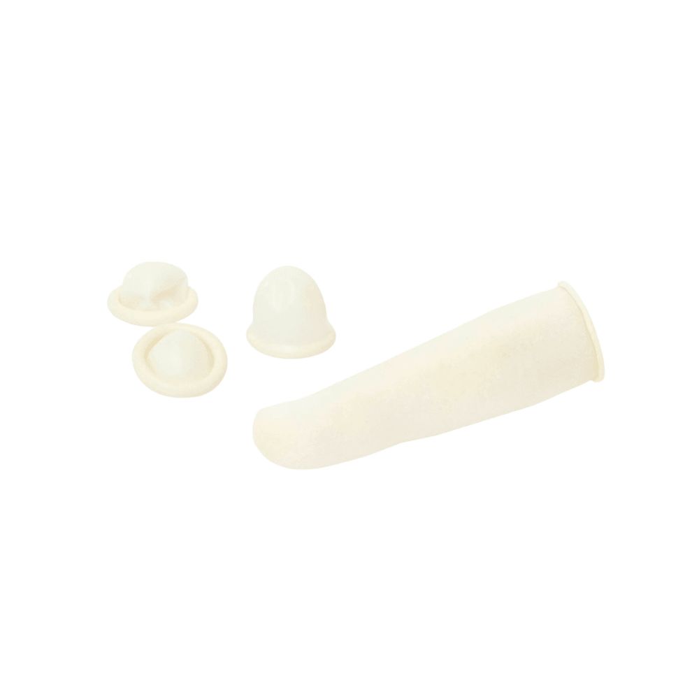Mehrere Latex-Fingerlinge. Ein Fingerling ist lang, die anderen sind rund und klein. Alle sind cremefarben.