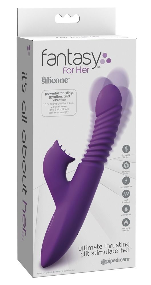 Produktverpackung mit lila Stimulator. Enthält einen lila Stimulator und Produktinformationen.