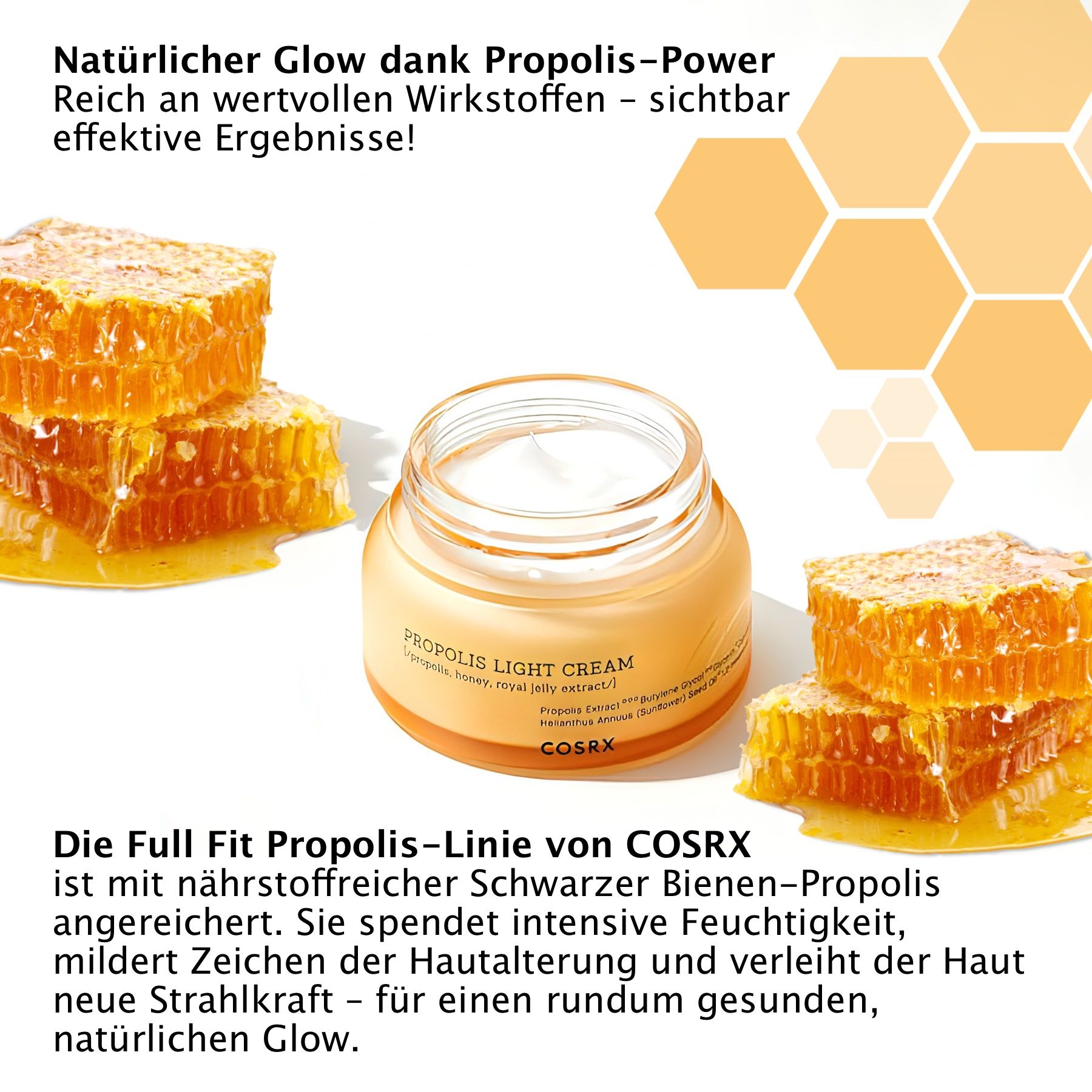 Tiegel COSRX Propolis Light Cream neben Honigwaben. Gelbes Glas, schwarzer Deckel.