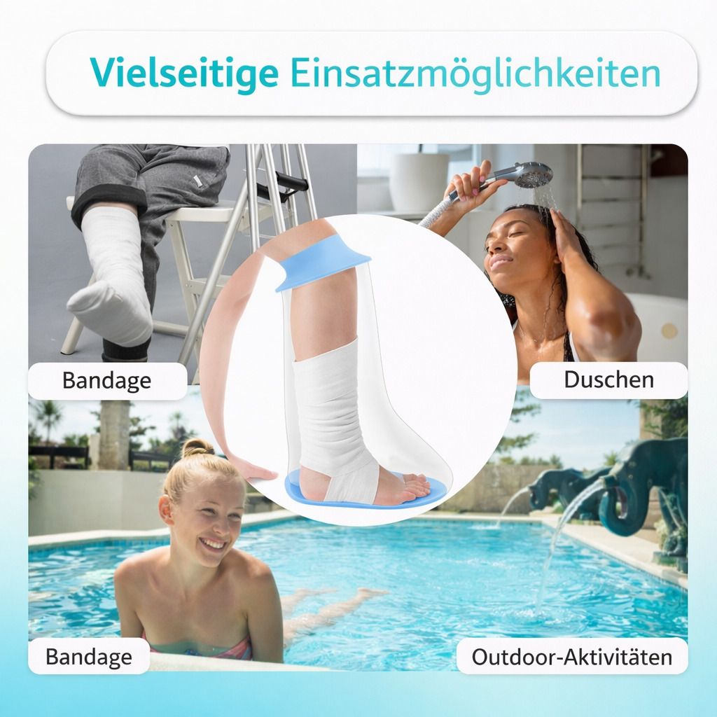 Duschschutzhülle für Bein. Vielseitige Einsatzmöglichkeiten. Bandage, Duschen, Outdoor-Aktivitäten. Verschiedene Anwendungen.