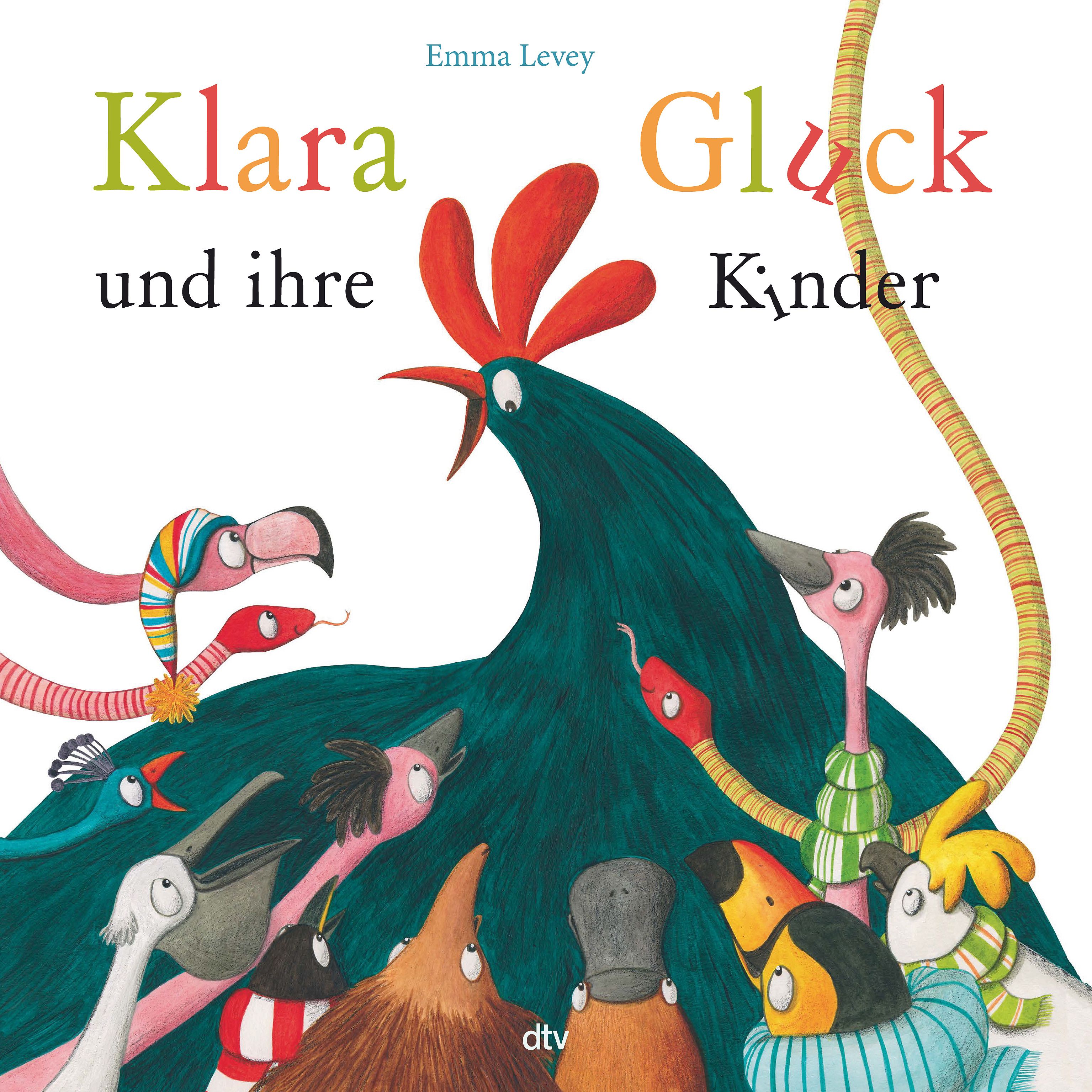 Buchcover mit Illustrationen. Titel: Klara Gluck und ihre Kinder. Autor: Emma Levey. Verlag: dtv. Gezeichnete Tiere.