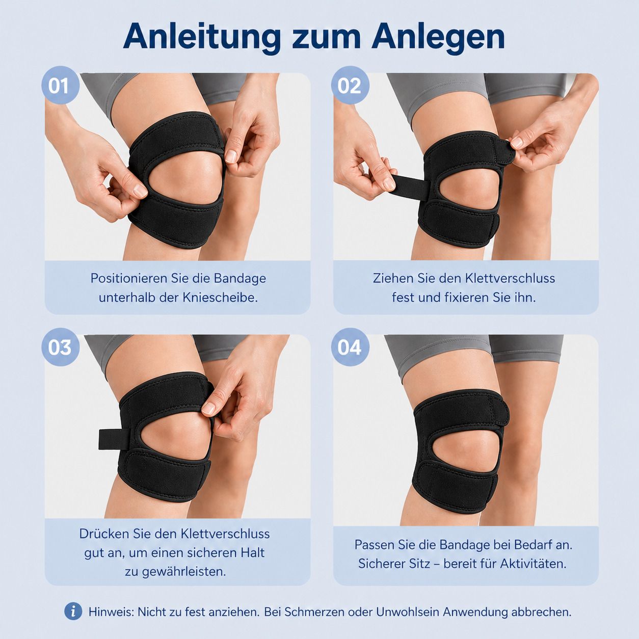 Anleitung zum Anlegen einer Kniebandage. Vier Schritte: Positionieren, festziehen, fixieren, anpassen. Schwarze Bandage.