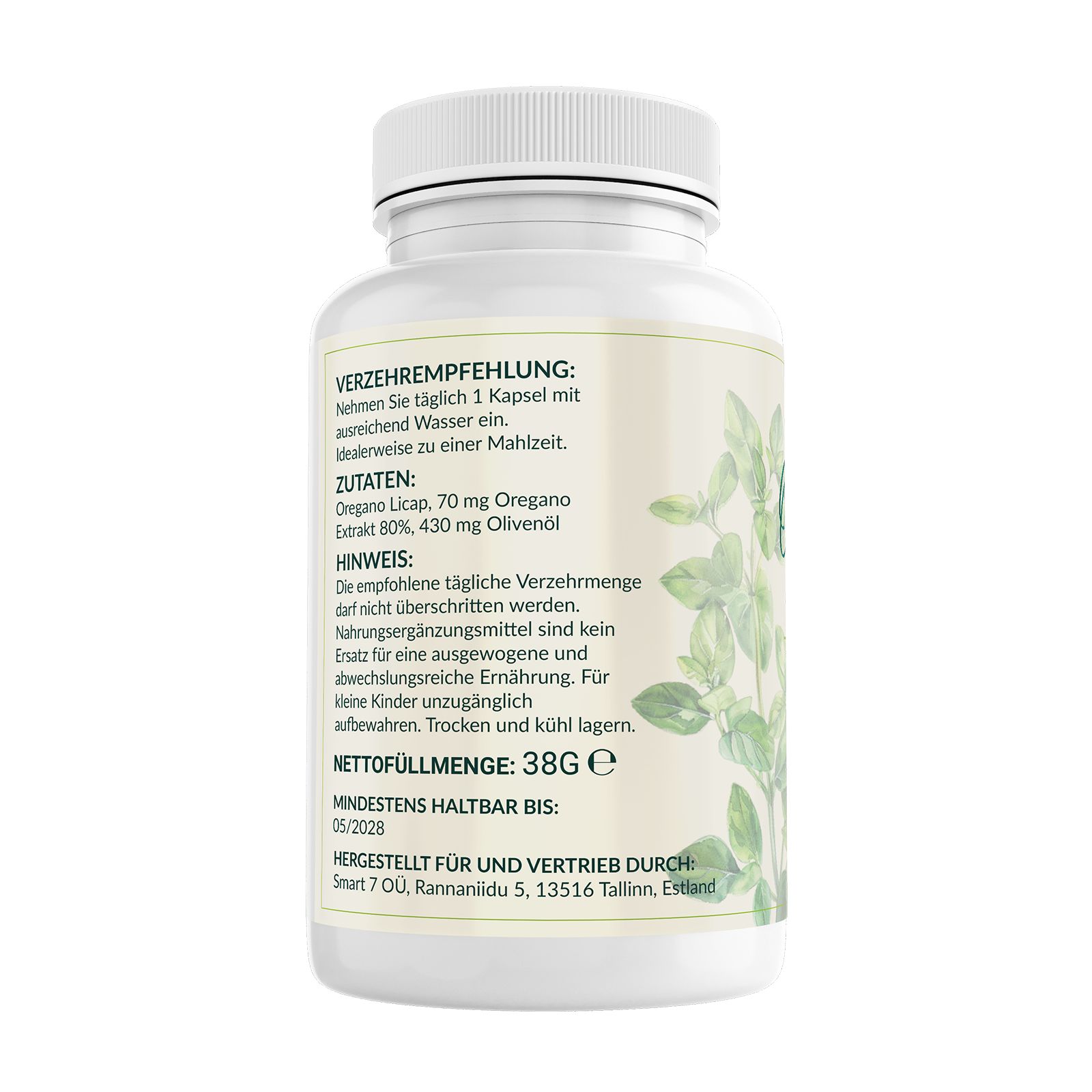 Weiße Flasche mit Etikett. Text: Verzehrempfehlung, Zutaten, Nettomenge 38g, Mindestens haltbar bis 05/2028. Oregano-Blatt-Illustration.