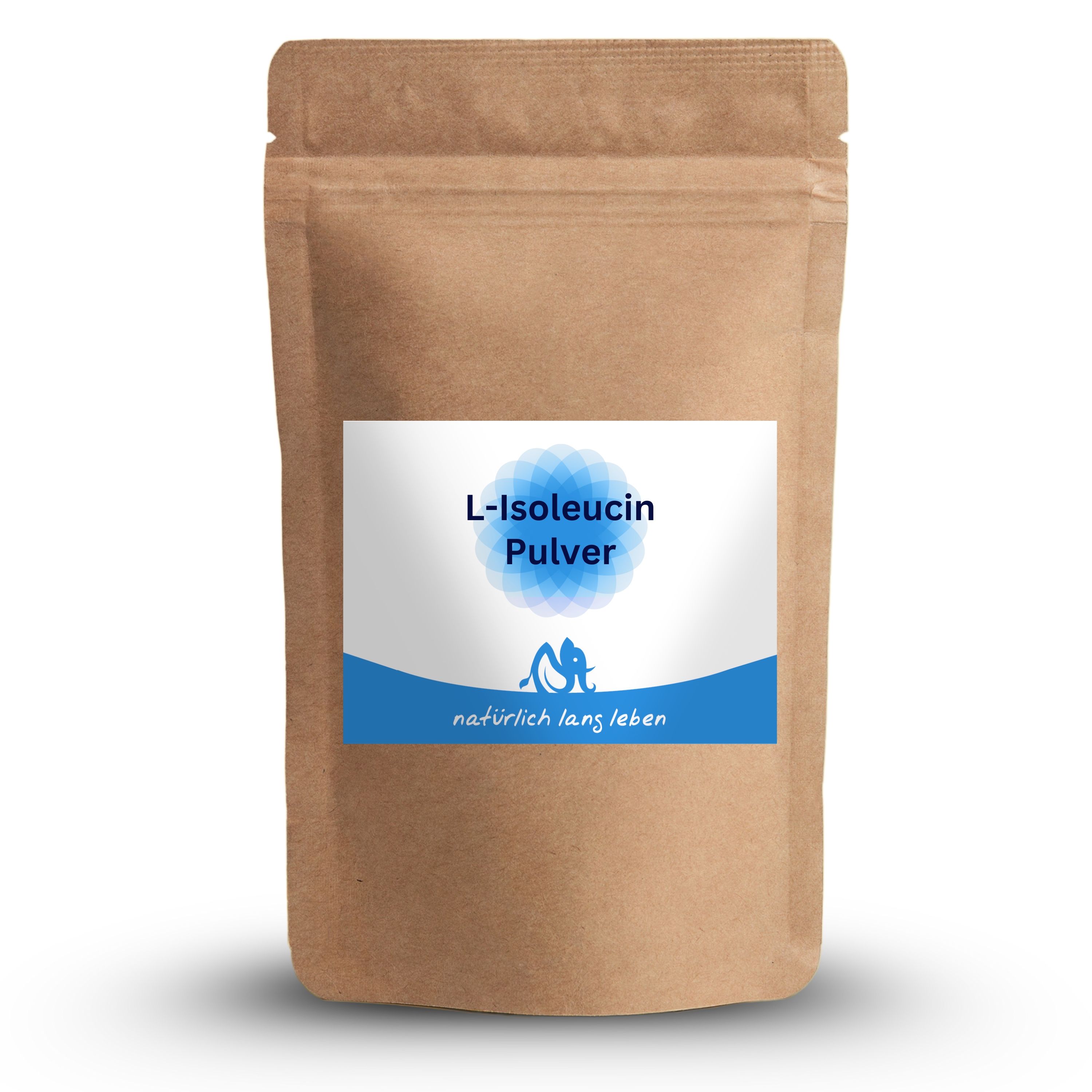 Braune Standbodenbeutel mit blau-weißem Etikett. Aufschrift: L-Isoleucin Pulver, natürlich lang leben. Siegelverschluss.